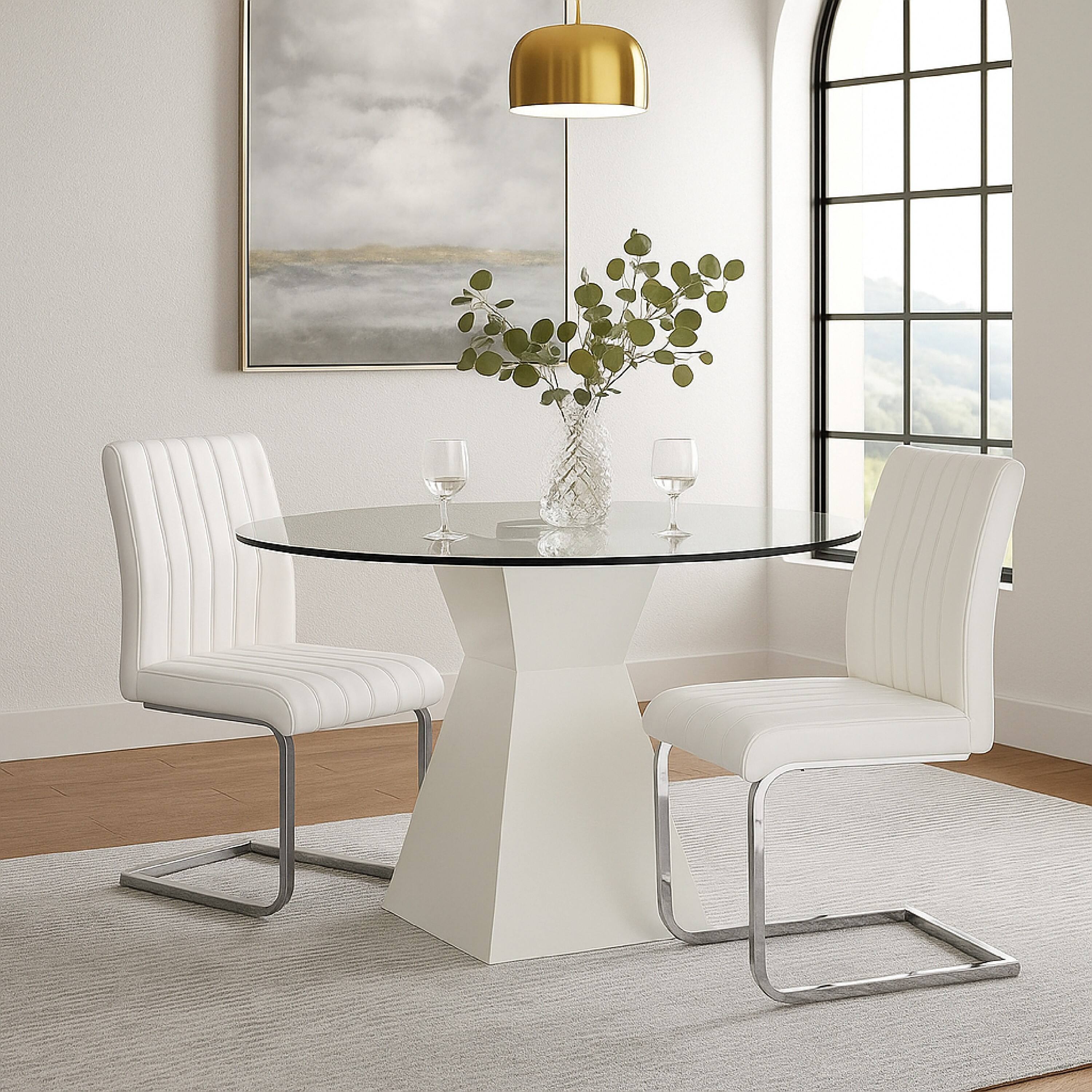 Alt View 2. Manhattan Lane - Contemporary Round Glass Dining Table with Square Pedestal Base - White.