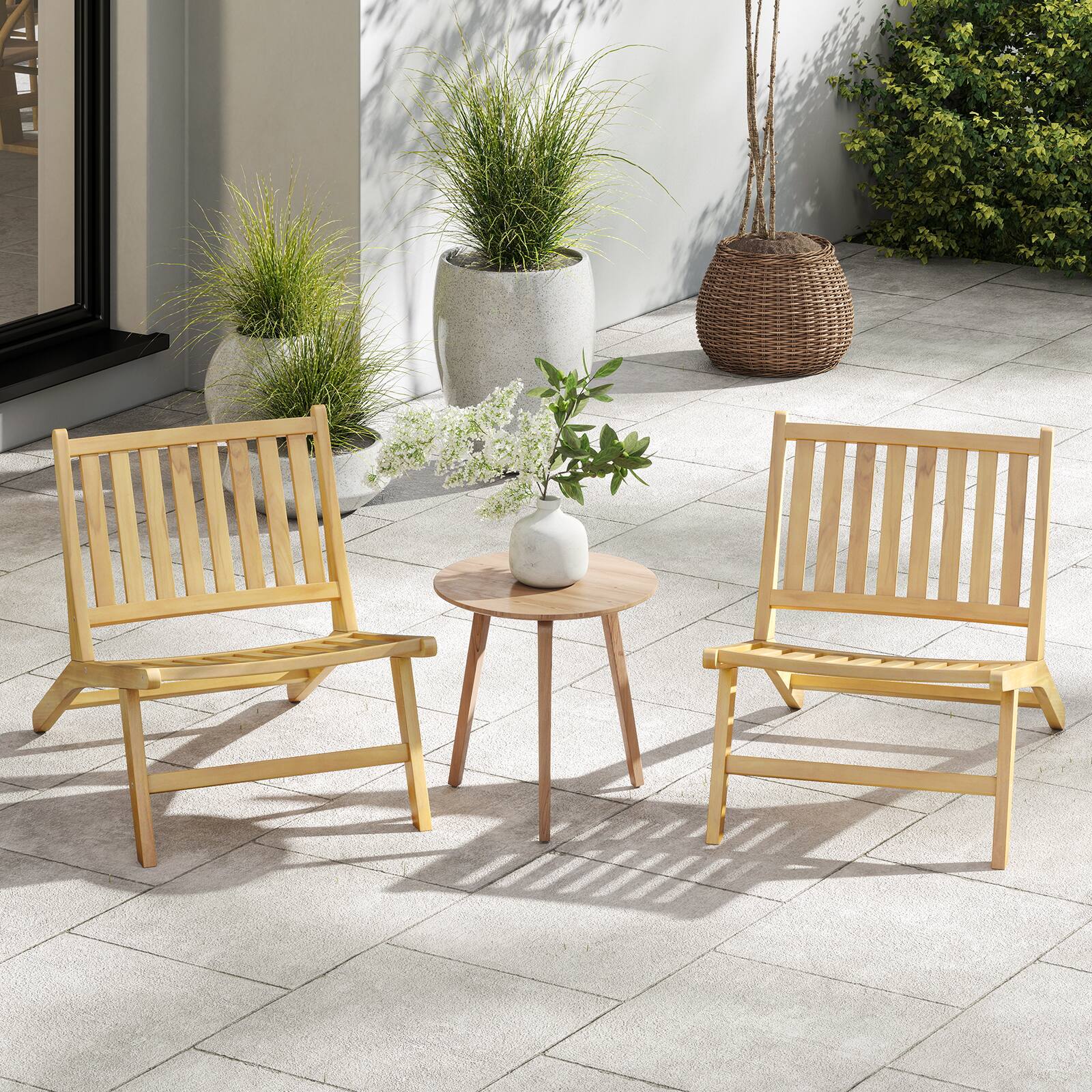 Alt View 5. Gymax - Gymax 2PCS Teak Wood Outdoor Reclining Chair Natural Mid Century Accent Chair w/ Backrest - Natural.