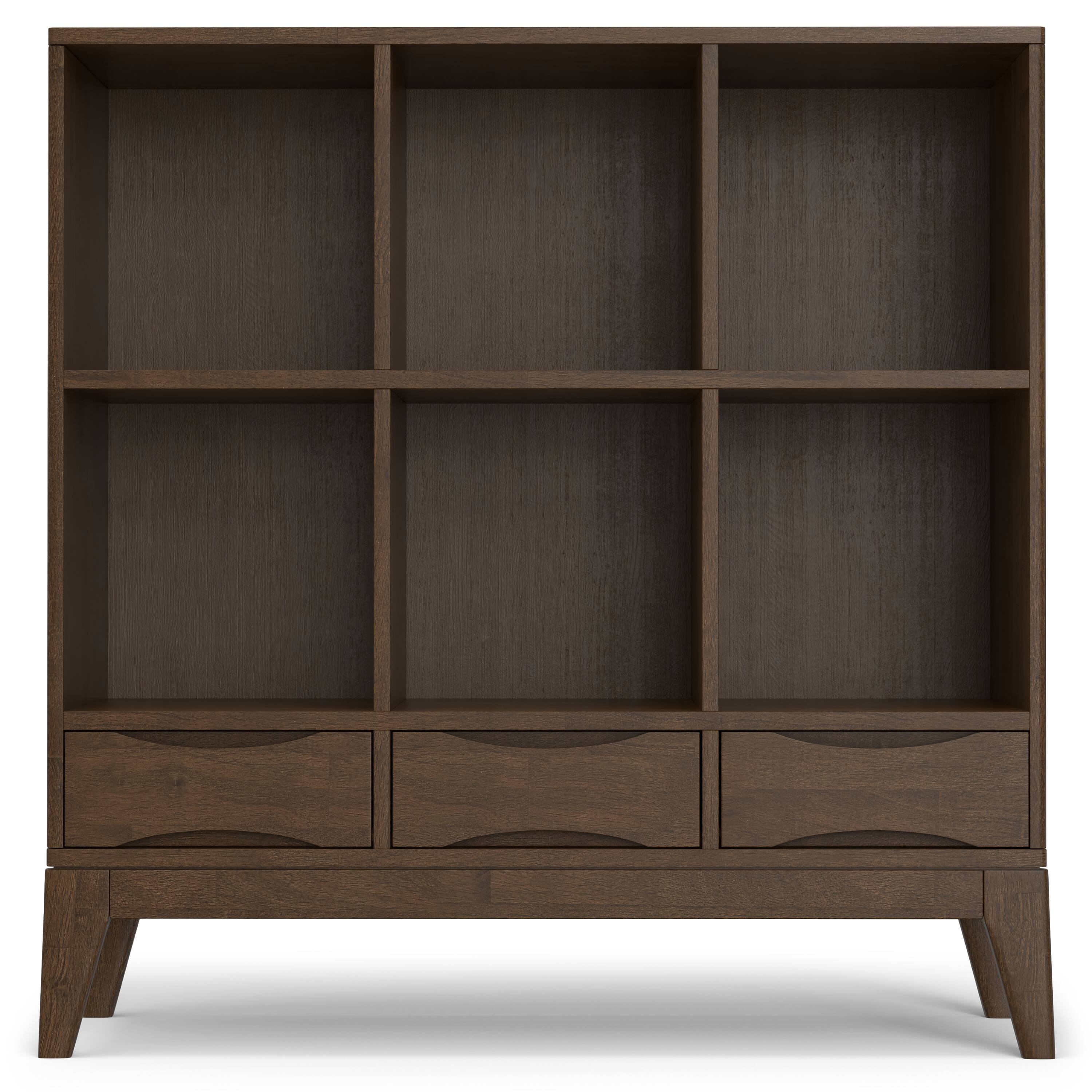 Left. Simpli Home - Harper SOLID HARDWOOD 43 inch x 42 inch Mid Century Modern Low 6 Cube Storage with Drawers in Walnut Brown - Walnut Brown.