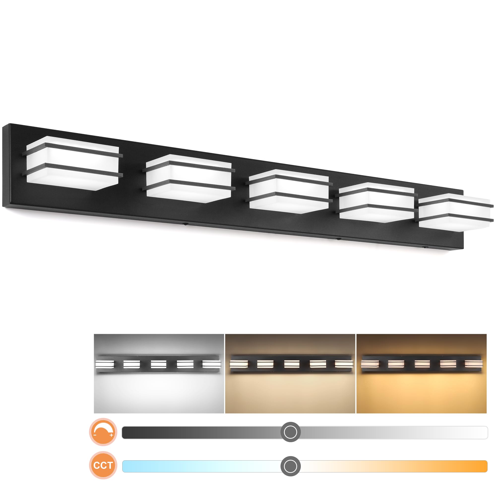 Comfort Essence - Color Temperature Dimmable Vanity Lights For Bathroom Led Chrome Light Fixtures Stainless Steel Square Shad - Black- Square Shade 5 Lights
