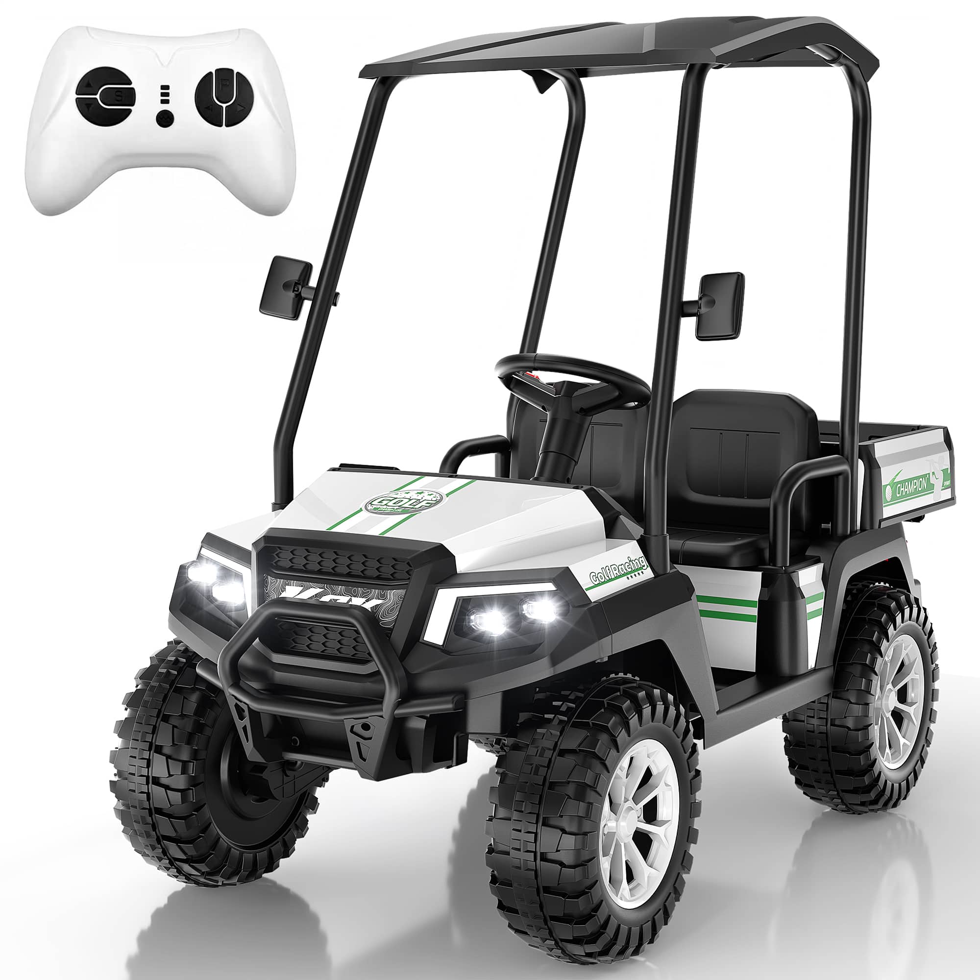 ANPABO - 24V Kids Golf Cart, 4WD 2 Seater Electric Cars with Remote Control, 3 Speeds, Ride on Truck for Big Kids Ages 3-8 - White