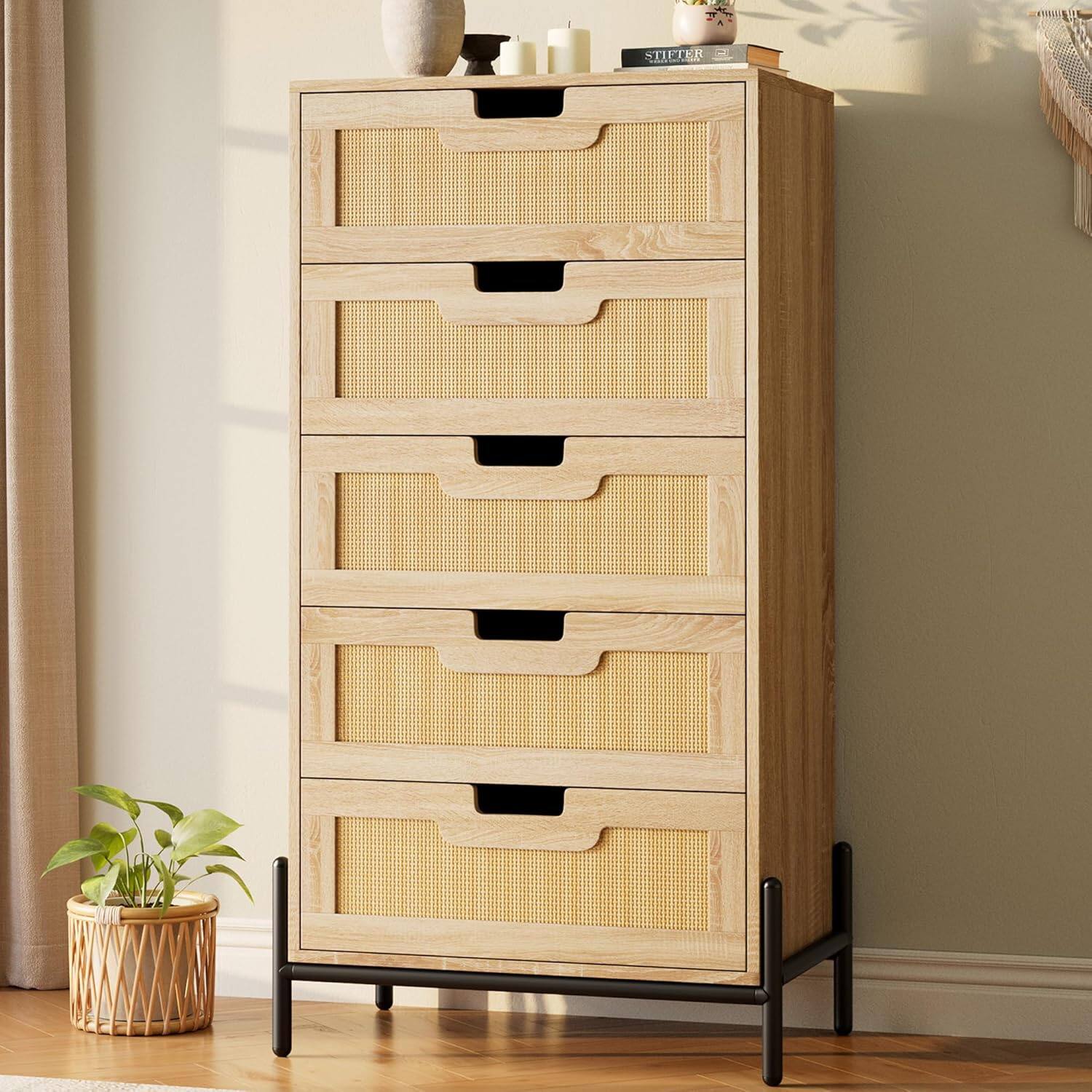 Front. Homhougo - Rattan 5 Drawers Dresser, 23.6''Wx15.7''Dx47.2''H Boho Dresser with Metal Handles, Modern Chest of Drawers with - Oak.