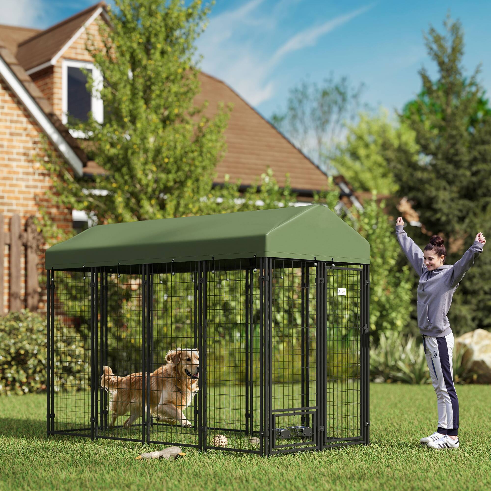 Angle. Pawhut - 8'x4'x6' Outdoor Dog Kennel, Welded Wire Heavy Duty Run, 360° Rotating Bowls, Waterproof Cover, for S&M&L Dogs.