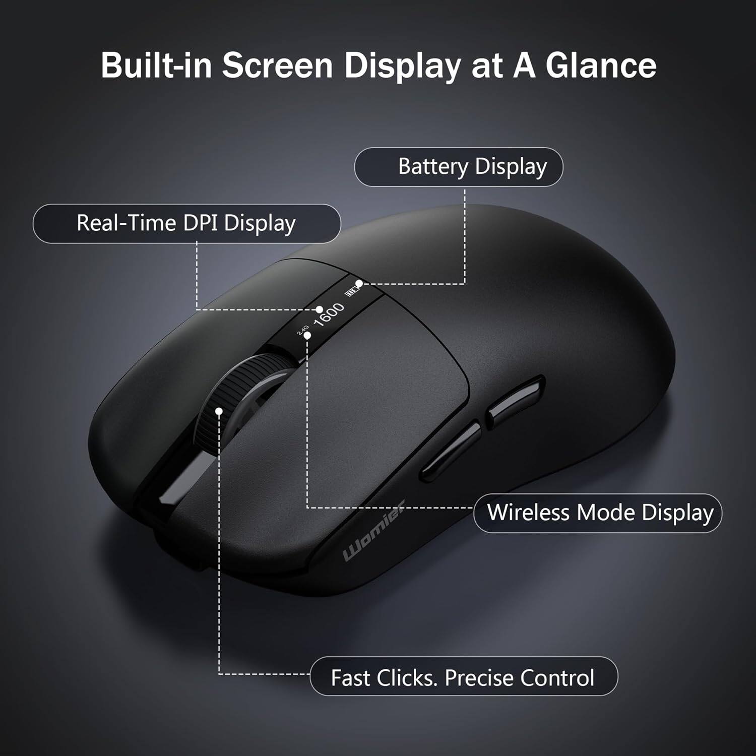 Built-in Screen Display at A Glance

- Real-Time DPI Display
- Battery Display
- Wireless Mode Display
- Fast Clicks. Precise Control