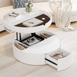 GOODSILO - Round Lift-Top Coffee Table with Drawer and Dual-Tone Marble Wood Grain Design - White+Walnut