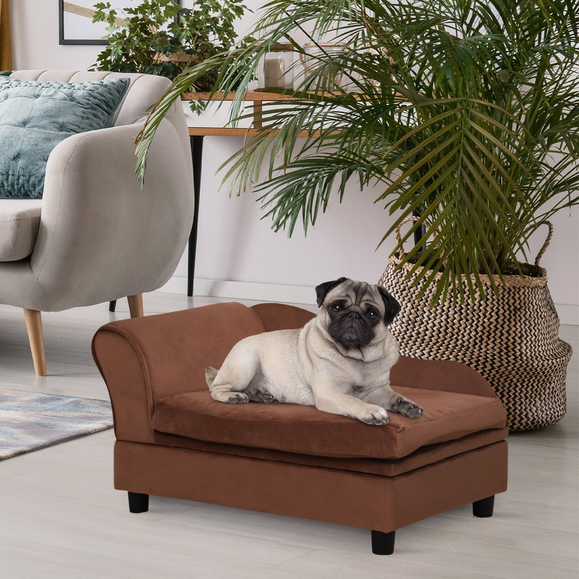 Angle. Pawhut - Luxury Dog Couch with Hidden Storage, Small Dog Sofa Bed with 2" Soft Foam, for Puppies & Little Breeds - Brown.