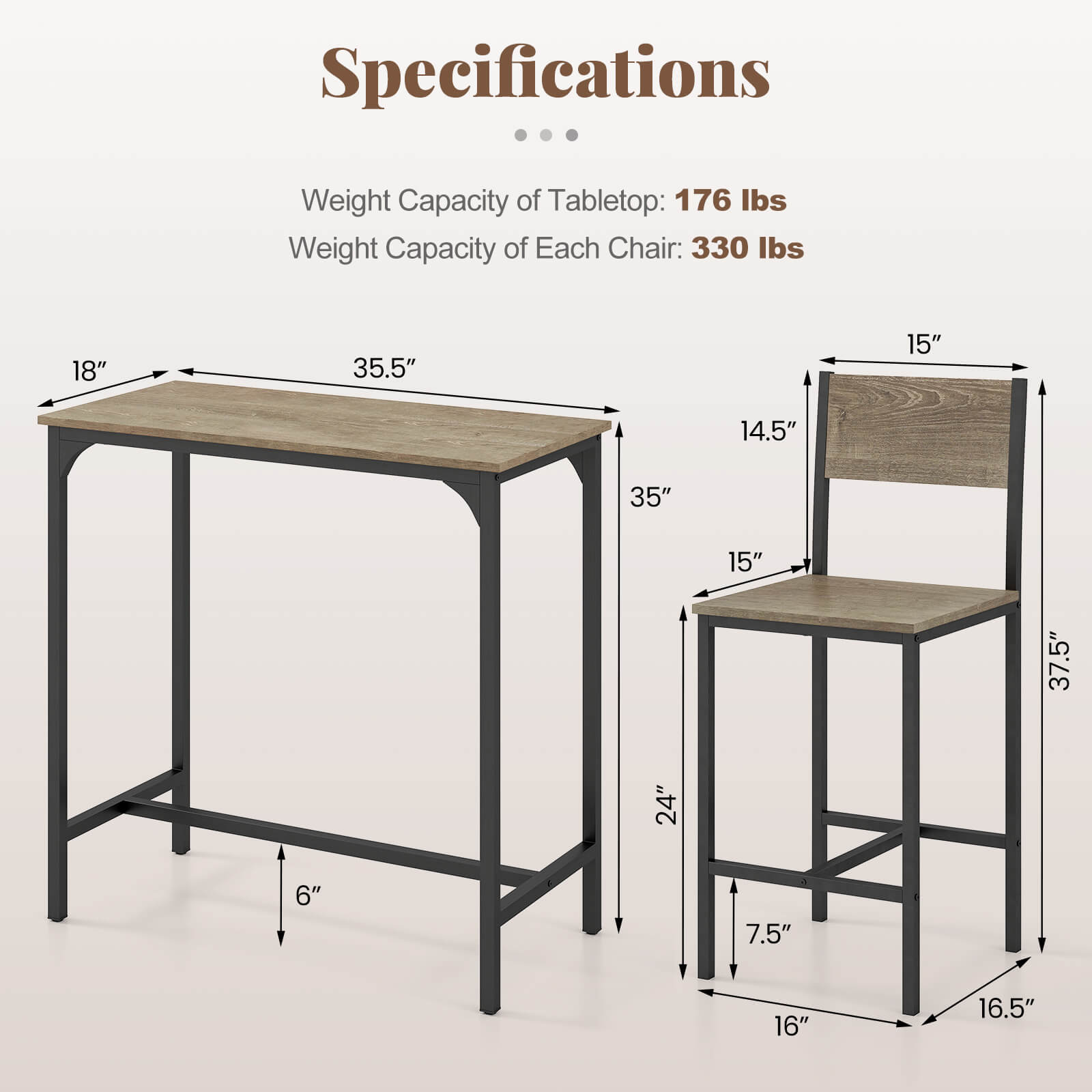 Specifications:
- Weight capacity of tabletop: 176 lbs
- Weight capacity of each chair: 330 lbs
- Dimensions:
   - 18" x 35.5" x 15"
   - 14.5" x 37.5" x 24"
   - 6" x 7.5" x 16"
   - 16" x 16.5" x 16"