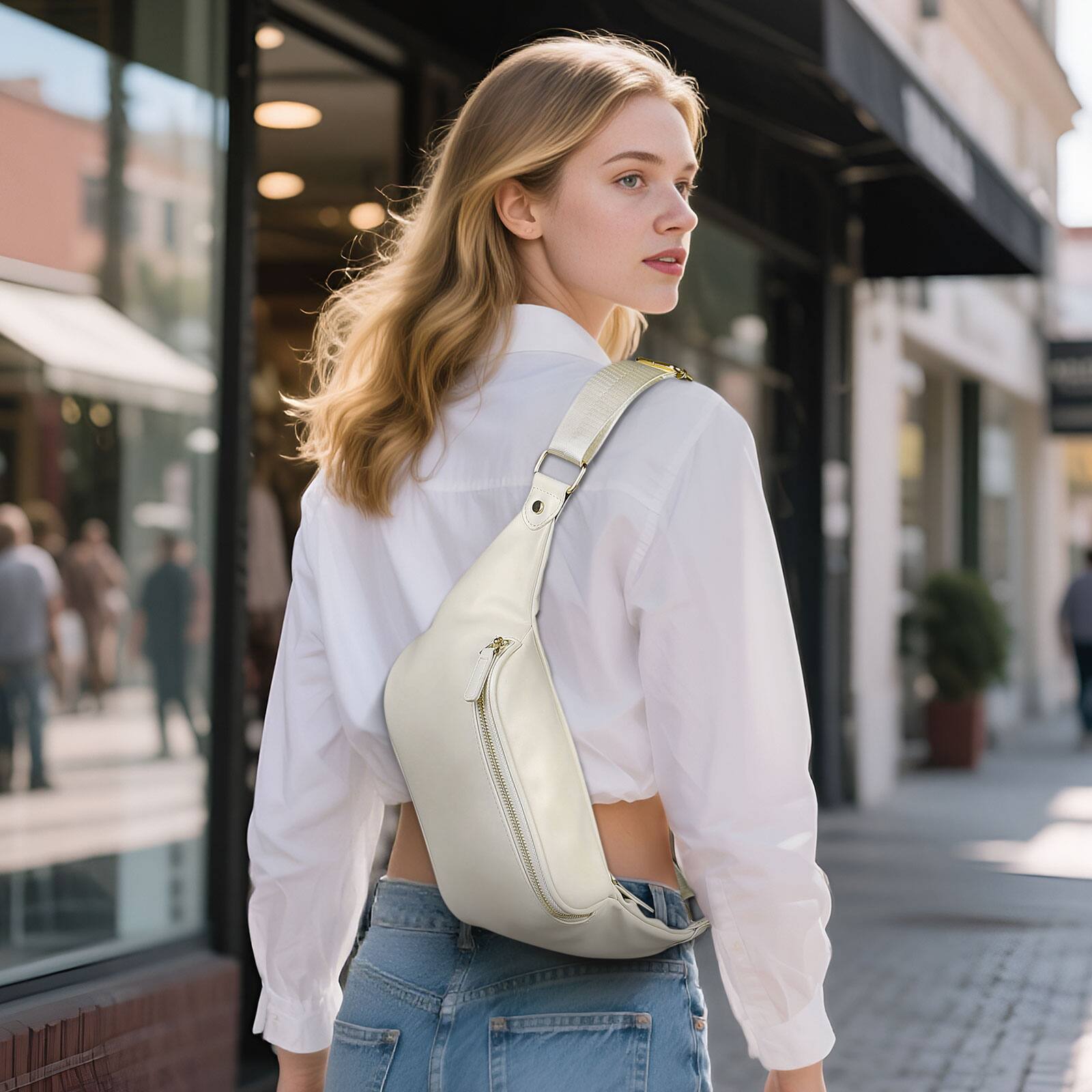 Alt View 1. Unique Bargains - Soft Faux Leather Fanny Pack Crossbody Waist Pack with Adjustable Strap Large Pocket Sturdy Zippers for Travel Hiking - Standard Beige.