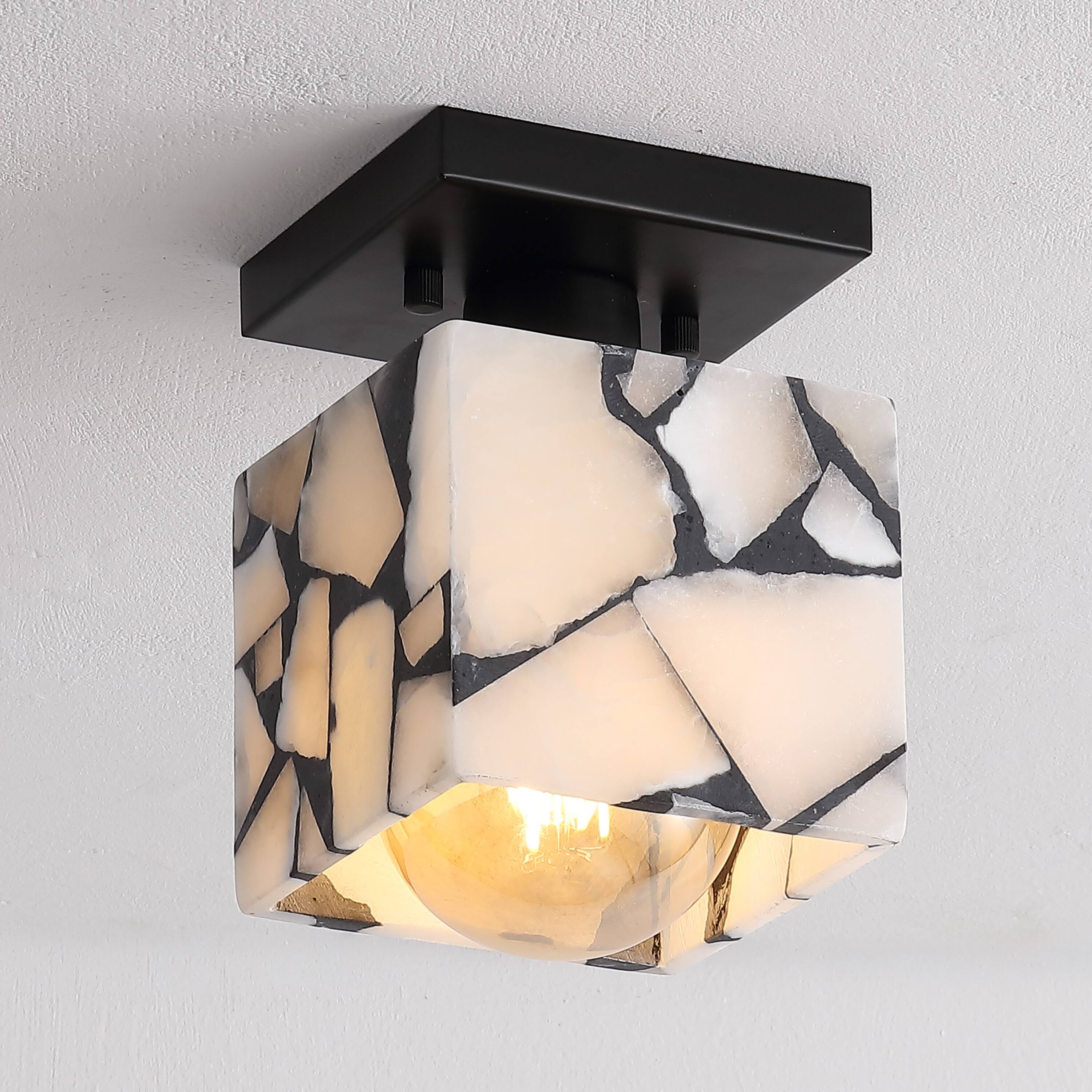 Alt View 1. Jonathan Y - Alessia 5" 1-Light Modern Contemporary Alabaster/Metal Cube LED Semi Flush Mount, Black and White Marbling/Black - White/Black.