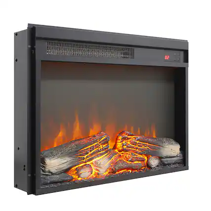 Front. GOODSILO - 23"" Electric Fireplace Insert - Ultra Thin Heater, Realistic Flame & Log Set, Remote, Timer, Overheat Protection - Antique Black.