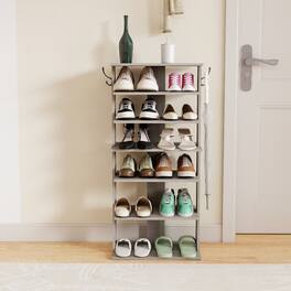 Loheer - 7 tier vertical shoe rack with side hooks - Rustic Gray