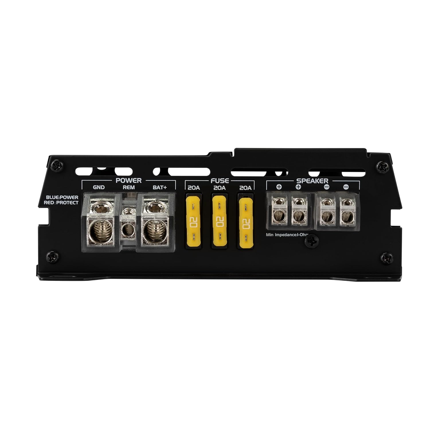 POWER GND REM BAT+ 20A FUSE 20A 20A SPEAKER  
BLUE:POWER RED:PROTECT  
Min impedance: 0.2 Ohm