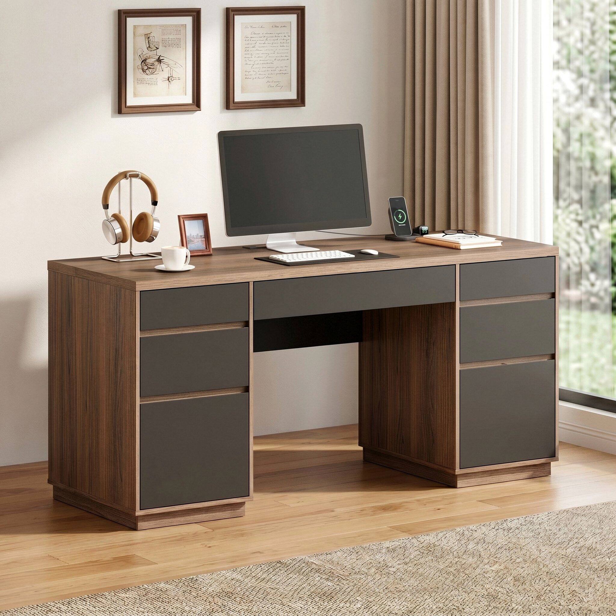 Front. ModernMate - Executive Desk with 7 Drawers, 63'' Computer Desk with Built-in Power Outlets, Letter/A4 Size, Privacy Panel - Black Walnut.