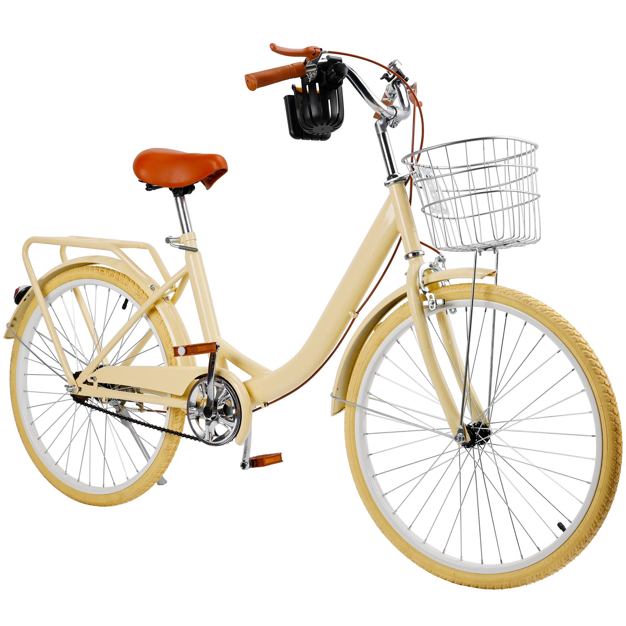 Angle. Topteng - 24 Inch City Cruiser Bike For Adult with Front Basket & Rear Rack High Carbon Steel Frame, Dual Brakes Bicycle - Yellow.