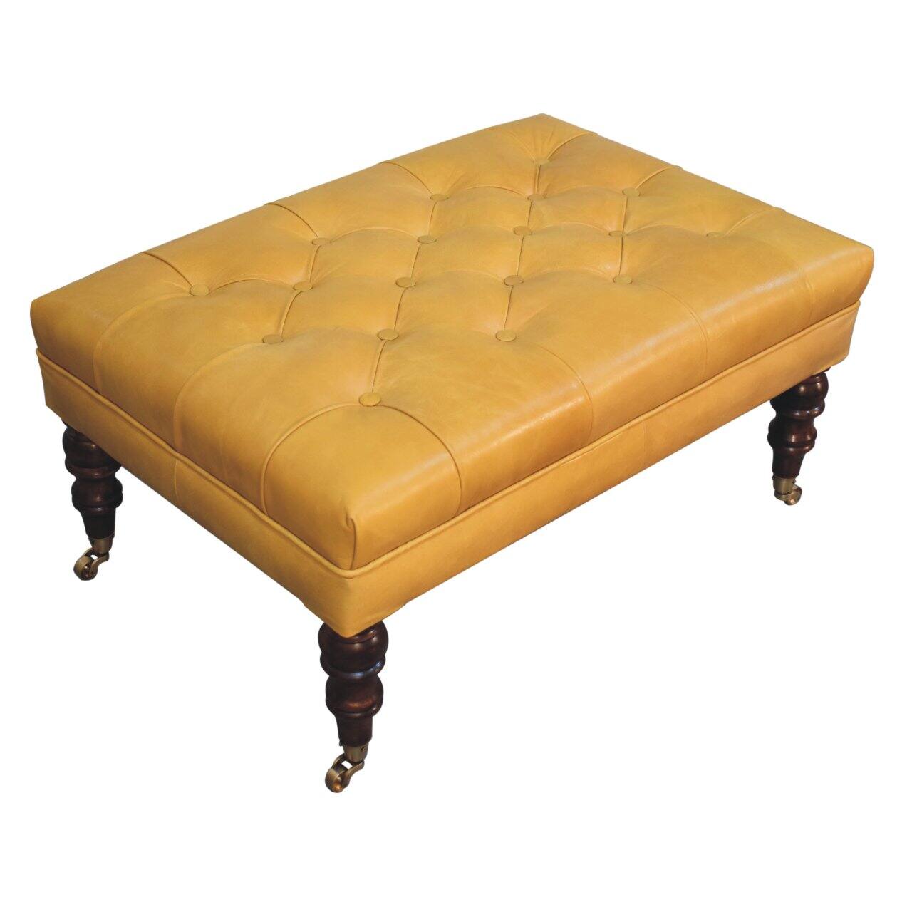 Alt View 2. Artisan Furniture - Artisan Furniture Solid Wood Honey Caramel Buffalo Tan Leather Ottoman with Castor Legs, Upholstered, Yellow & Brown - Brown & Yellow.