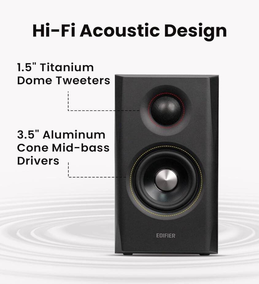 Hi-Fi Acoustic Design

1.5" Titanium Dome Tweeters

3.5" Aluminum Cone Mid-bass Drivers

EDIFIER