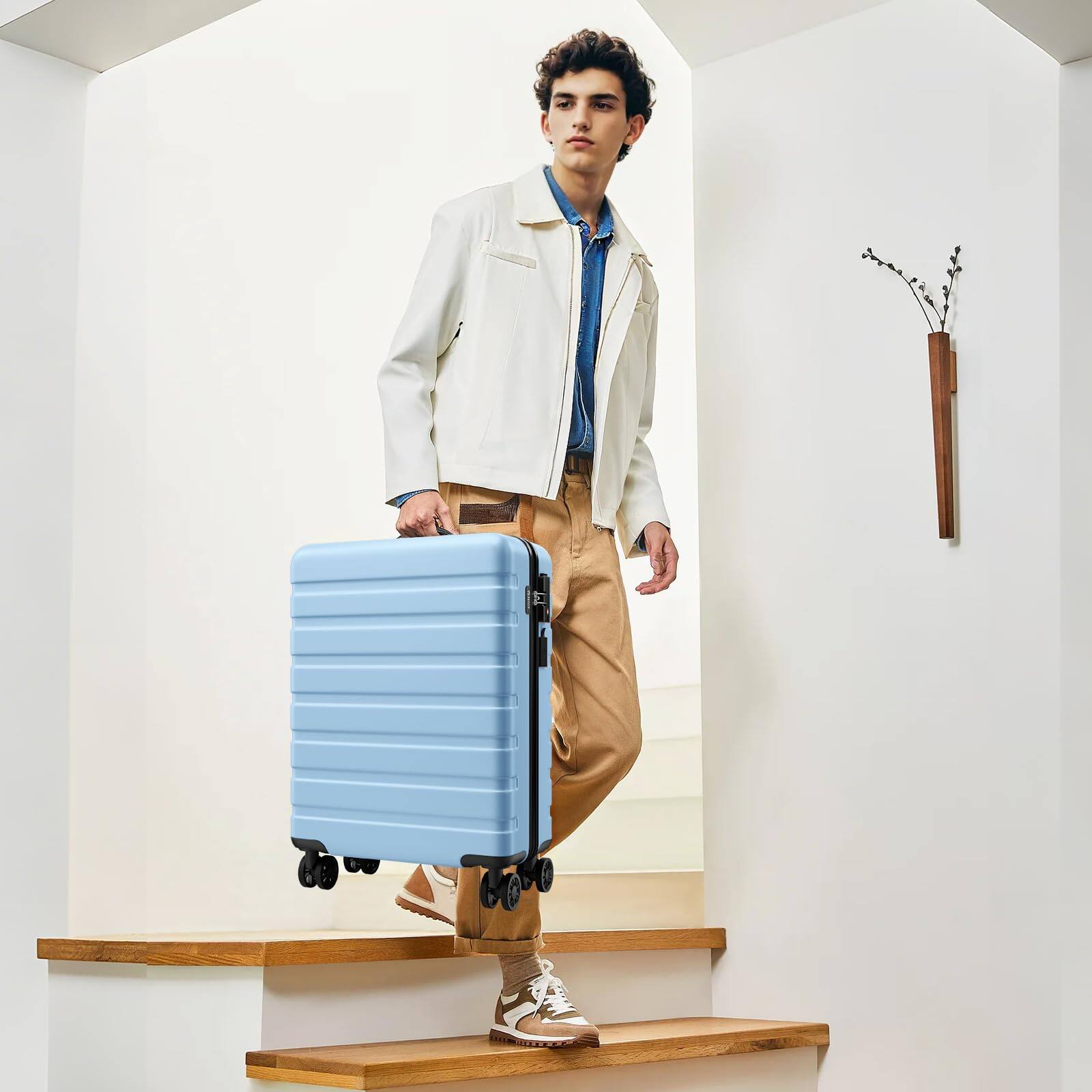 Left. Brick Attic - 28 Inch Suitcase Hardside PC ABS Lightweight USB Luggage with Wheels TSA Lock Checked-Large - Light blue.