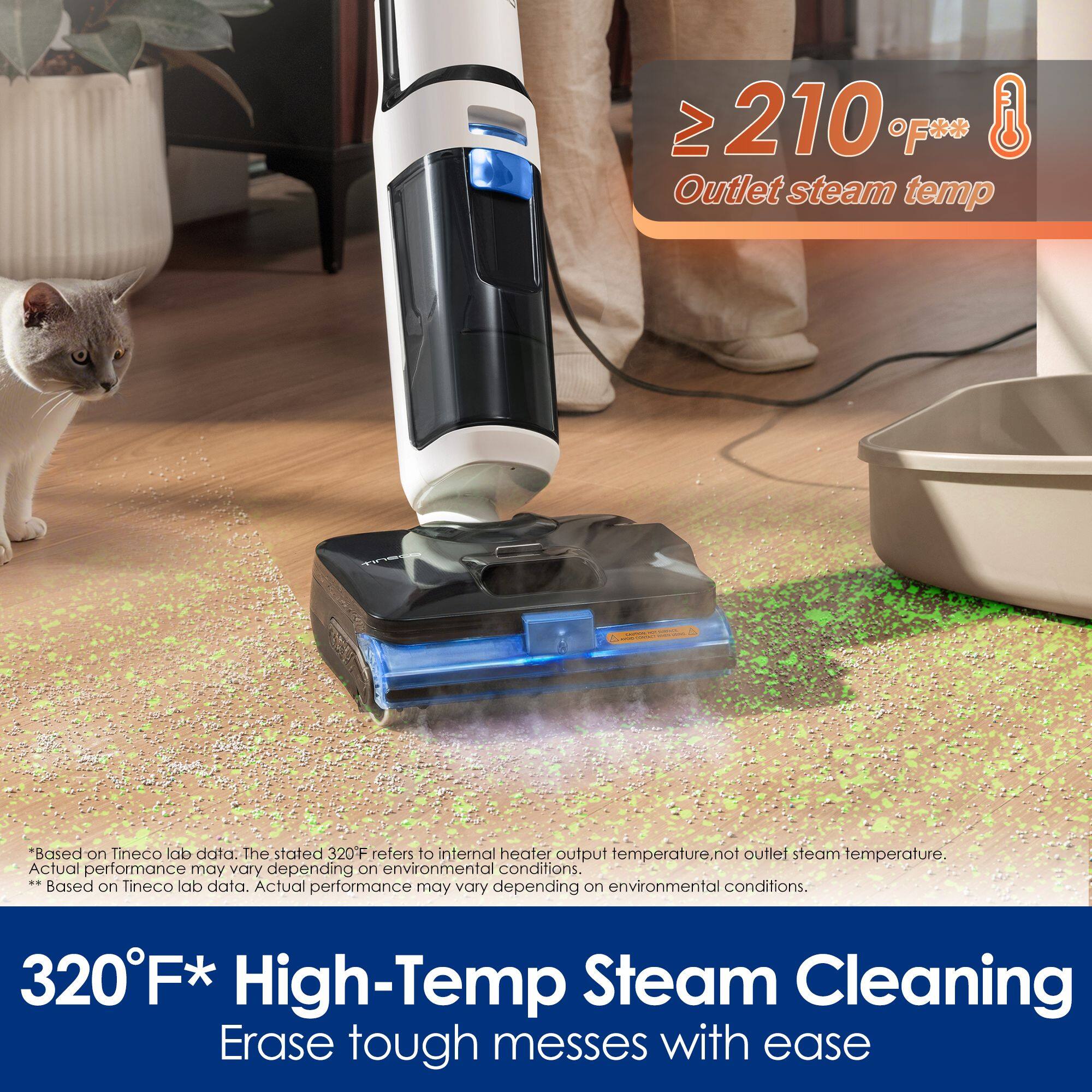 ≥ 210°F**  
Outlet steam temp  

Based on Tineco lab data: The stated 320°F refers to internal heater output temperature, not outlet steam temperature. Actual performance may vary depending on environmental conditions.  

320°F* High-Temp Steam Cleaning  
Erase tough messes with ease