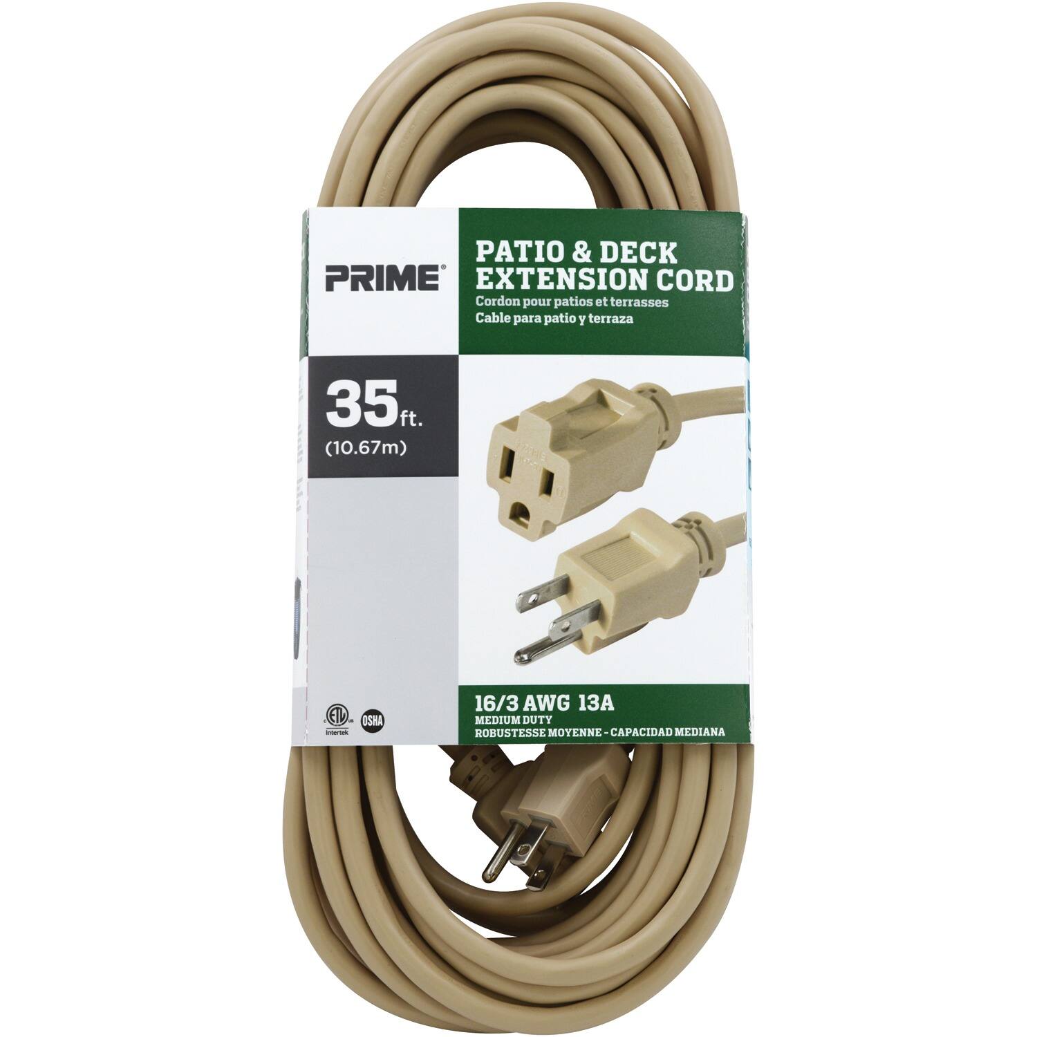 PATIO & DECK EXTENSION CORD  
Cordon pour patios et terrasses  
Cable para patio y terraza  

35 ft. (10.67m)  

16/3 AWG 13A  
MEDIUM DUTY  
ROBUSTE  
CAPACIDAD MEDIANA  

OSHA  
ETD  
Intertek