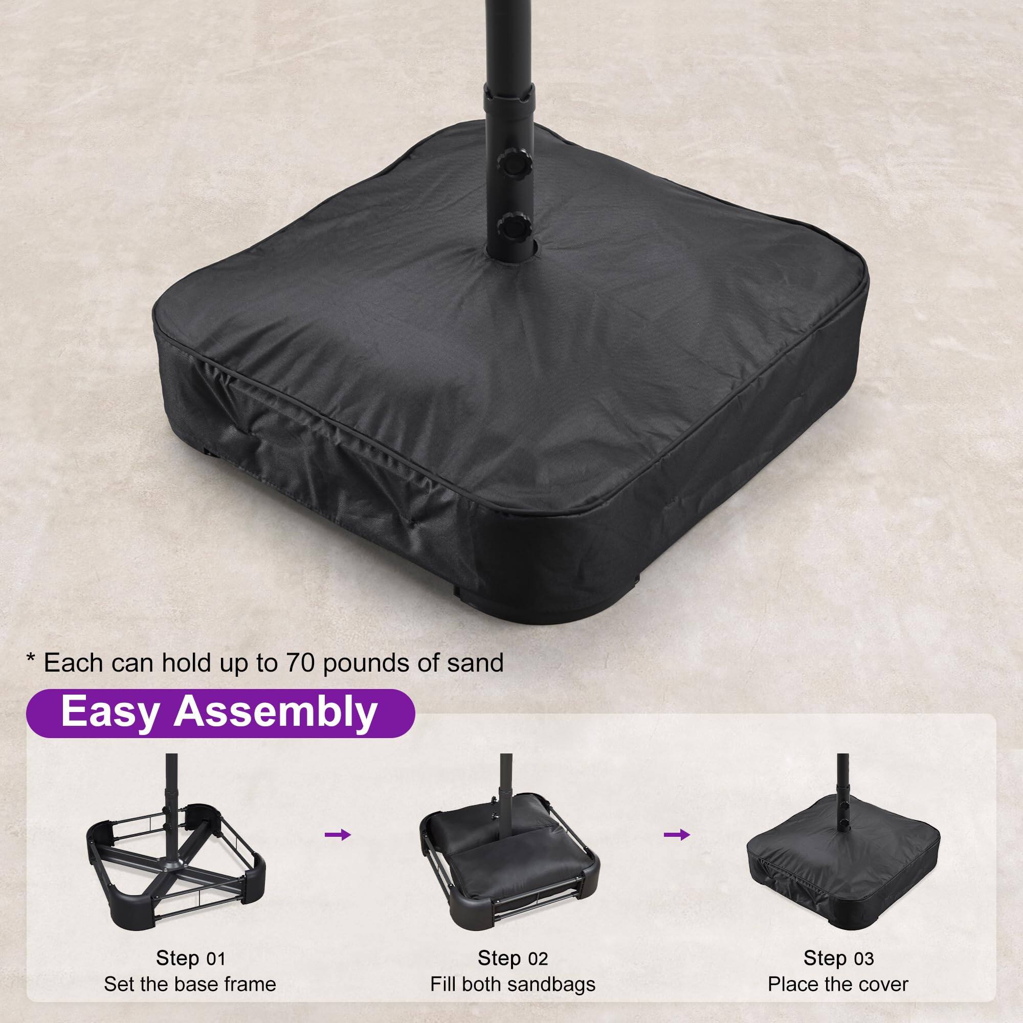 * Each can hold up to 70 pounds of sand

**Easy Assembly**

- Step 01: Set the base frame
- Step 02: Fill both sandbags
- Step 03: Place the cover