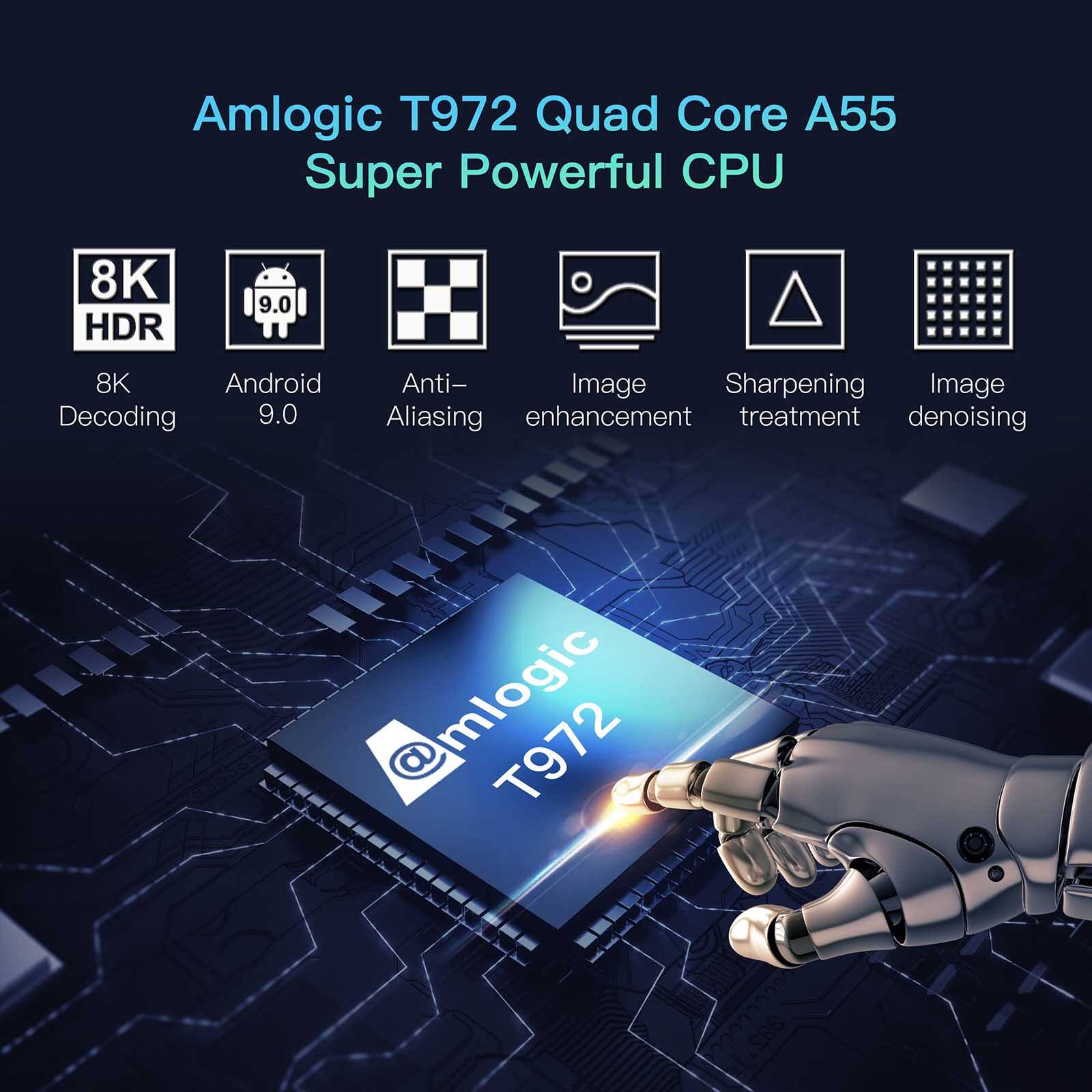 Amlogic T972 Quad Core A55 Super Powerful CPU  
8K HDR  
8K Android Decoding 9.0  
Anti-Aliasing  
Image Enhancement  
Image Sharpening Treatment  
Image Denoising  
mlogic T972