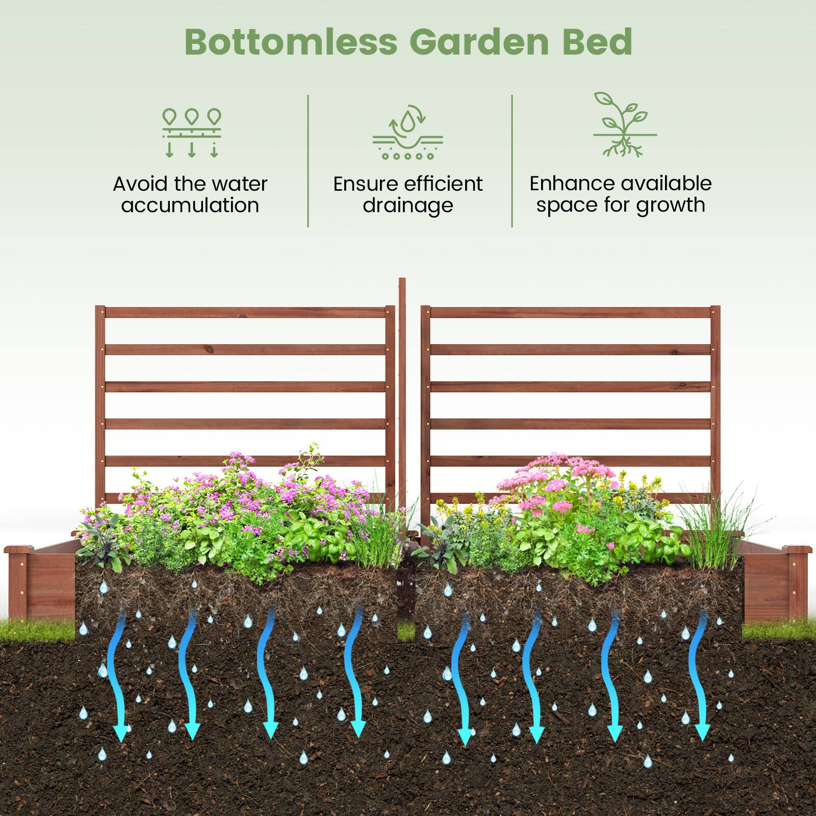Bottomless Garden Bed

- Avoid the water accumulation
- Ensure efficient drainage
- Enhance available space for growth