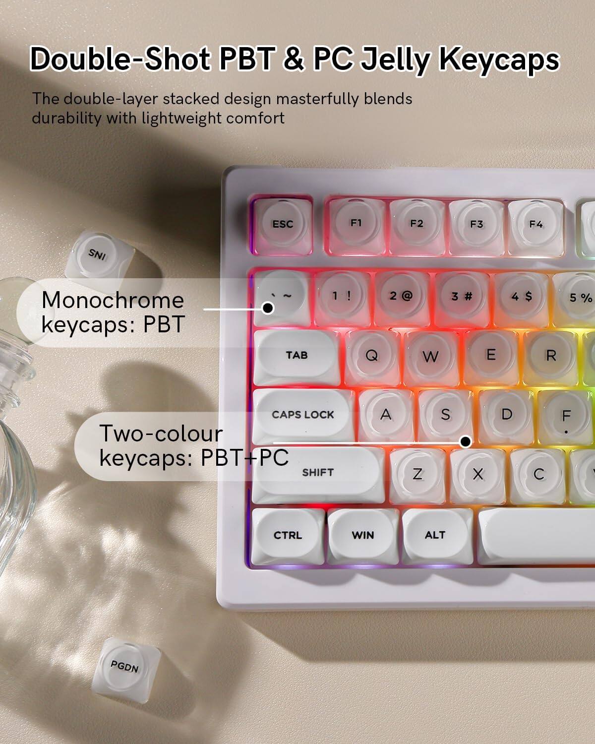 Double-Shot PBT & PC Jelly Keycaps

The double-layer stacked design masterfully blends durability with lightweight comfort

Monochrome keycaps: PBT

Two-colour keycaps: PBT+PC
