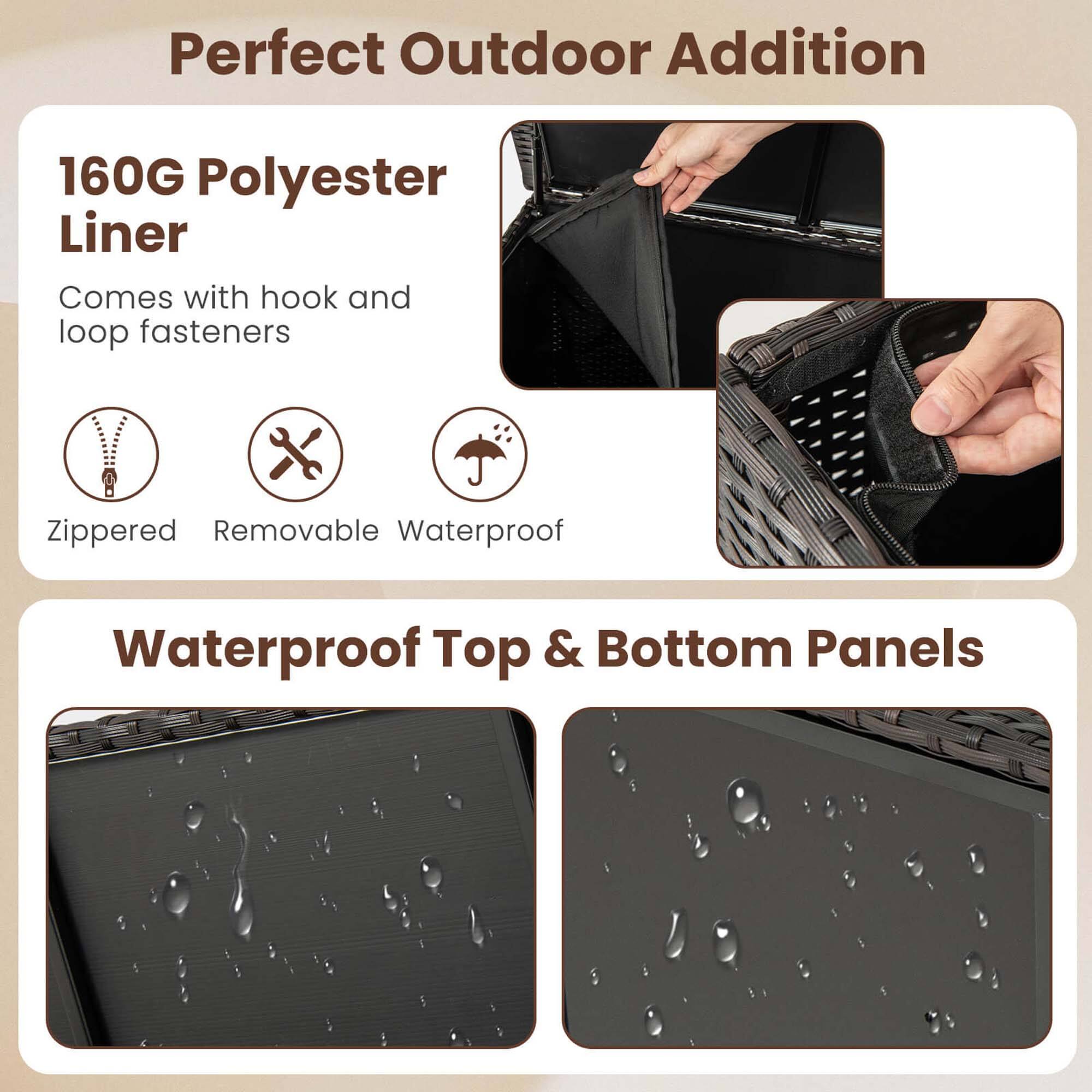 Perfect Outdoor Addition

160G Polyester Liner  
- Comes with hook and loop fasteners  
- Zippered  
- Removable  
- Waterproof

Waterproof Top & Bottom Panels