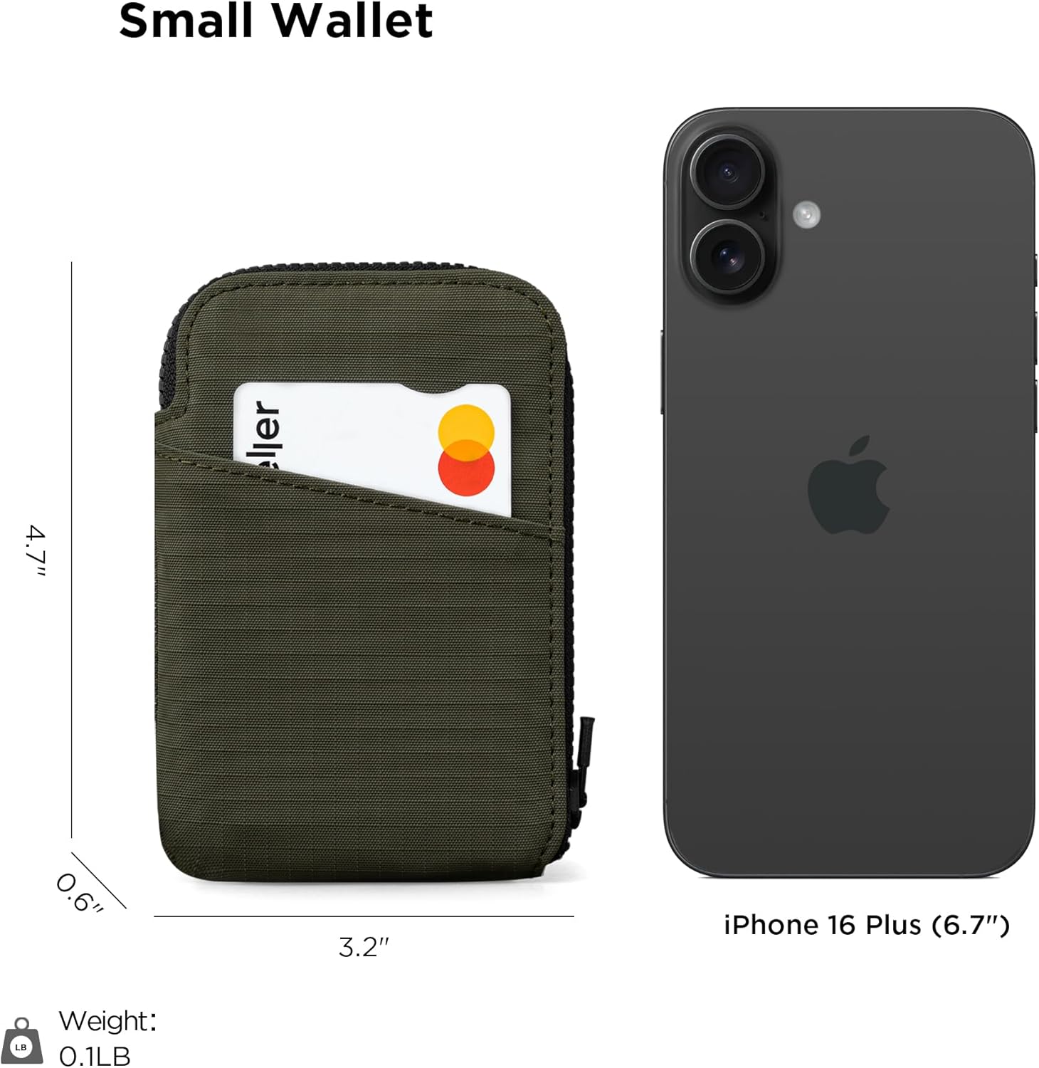 Small Wallet  
4.7" x 0.6" x 3.2"  
iPhone 16 Plus (6.7")  
Weight: 0.1LB