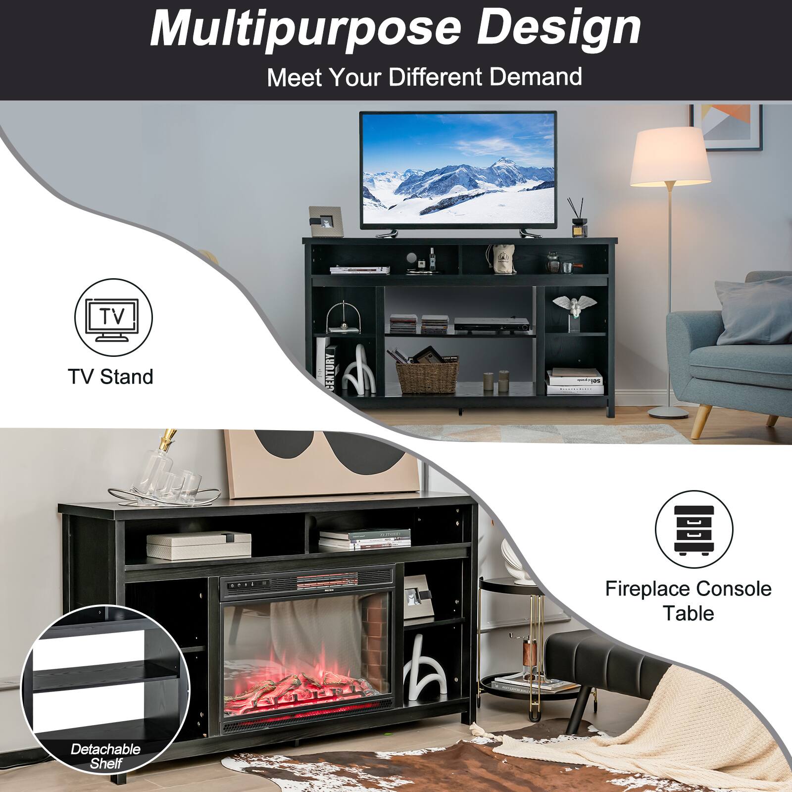 Multipurpose Design Meet Your Different Demand TV Stand Fireplace Console Table Detachable Shelf