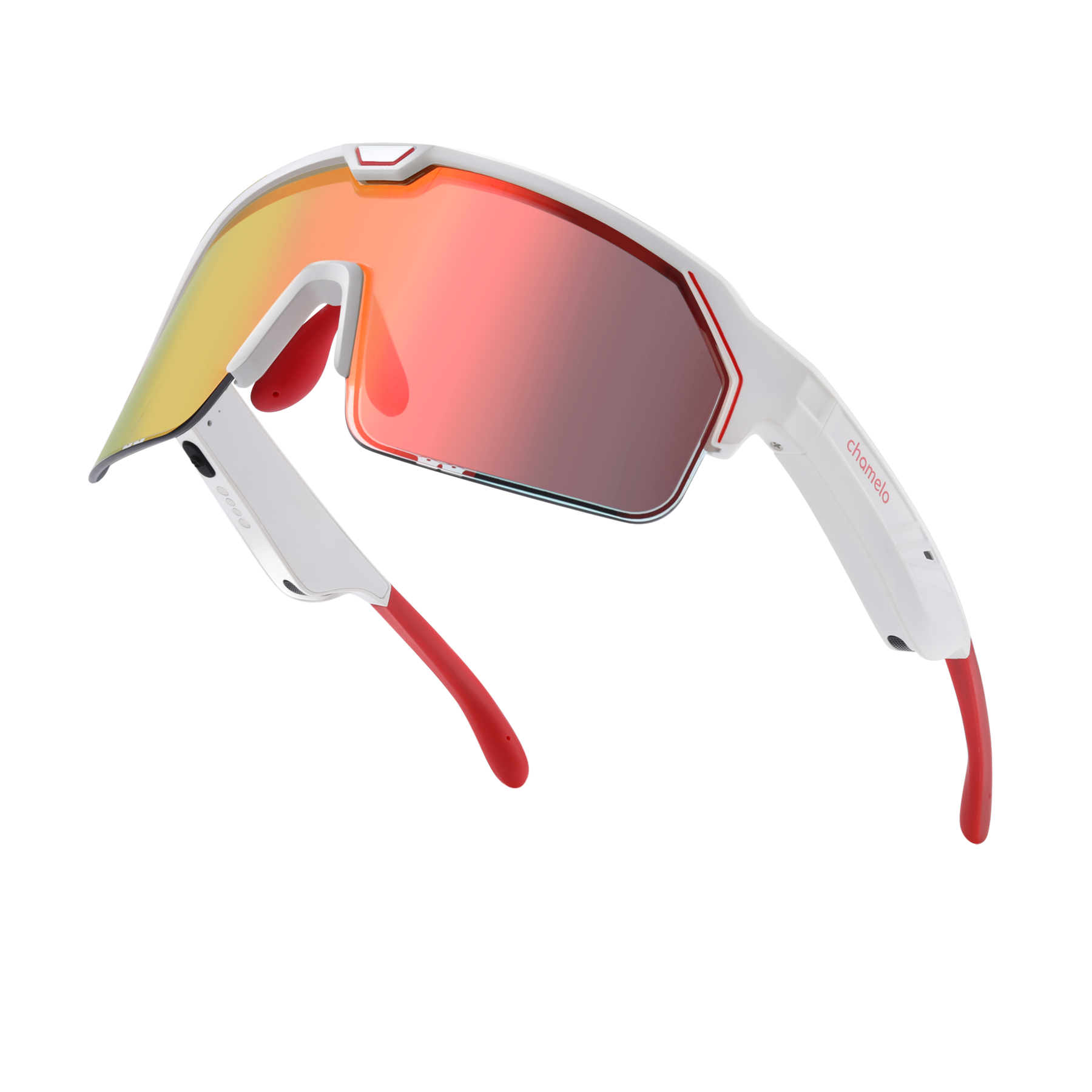 Angle. Chamelo - Sport Music Shield Slider HVL - Adjustable Electrochromic Tint - Smart Audio Sunglasses - White frame | Fire lenses.