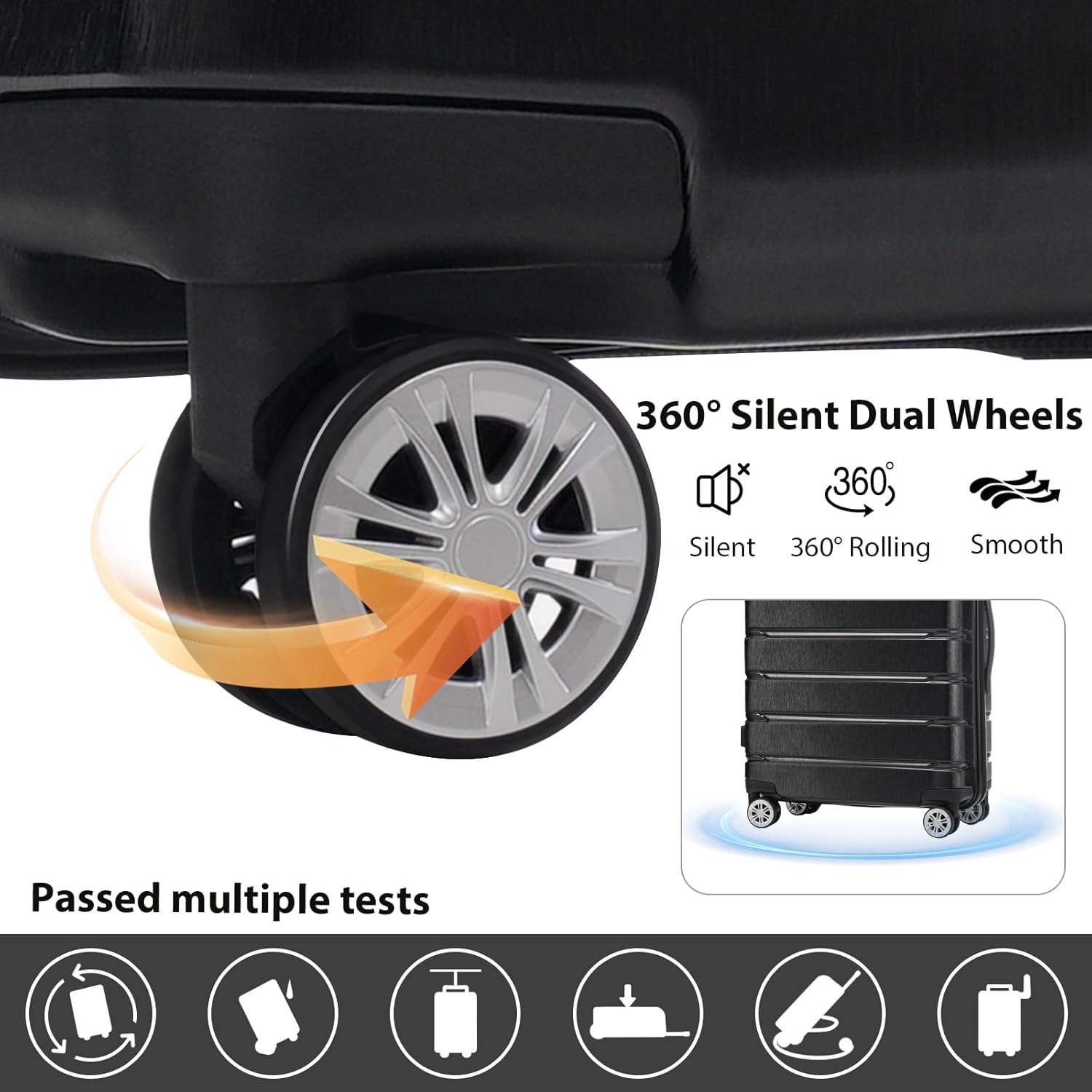 360° Silent Dual Wheels  
Silent 360° Rolling Smooth  

Passed multiple tests