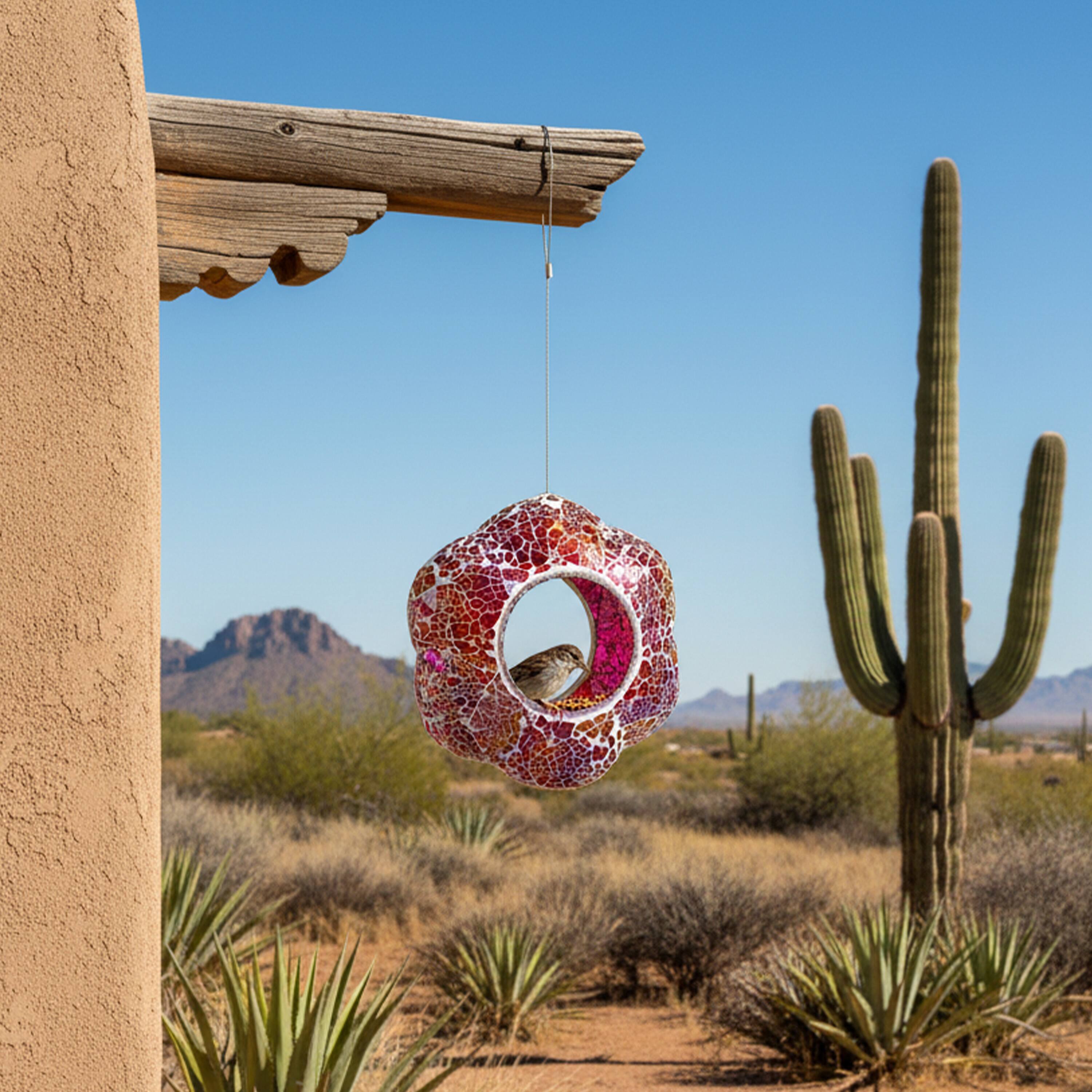 Alt View 8. Sunnydaze - Glass Fly-Through Hanging Bird Feeder - 10 in - Pearl Pink Flower.