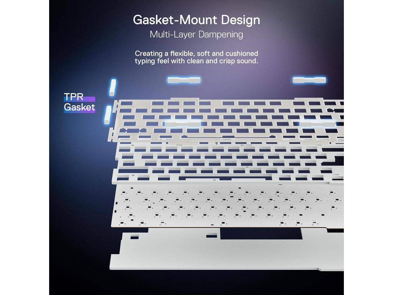 Gasket-Mount Design  
Multi-Layer Dampening  

Creating a flexible, soft and cushioned typing feel with clean and crisp sound.  

TPR Gasket