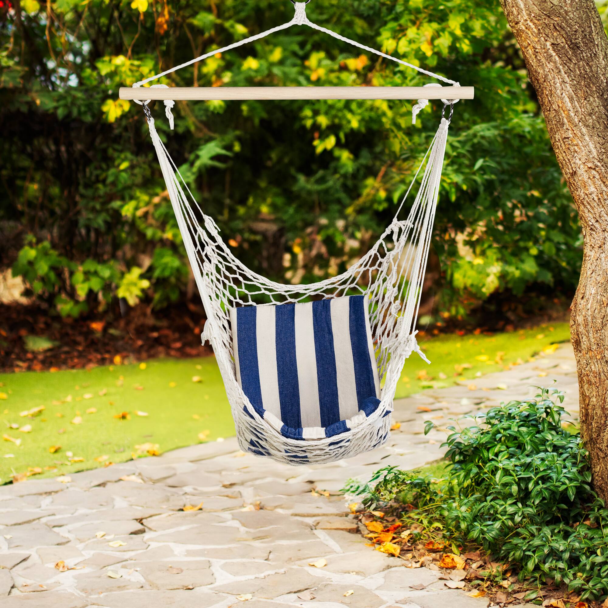Front. Northlight - Macrame Cotton Hammock Chair with Striped Cushion - 46" x 35.25" - Cream and Blue - Ivory.
