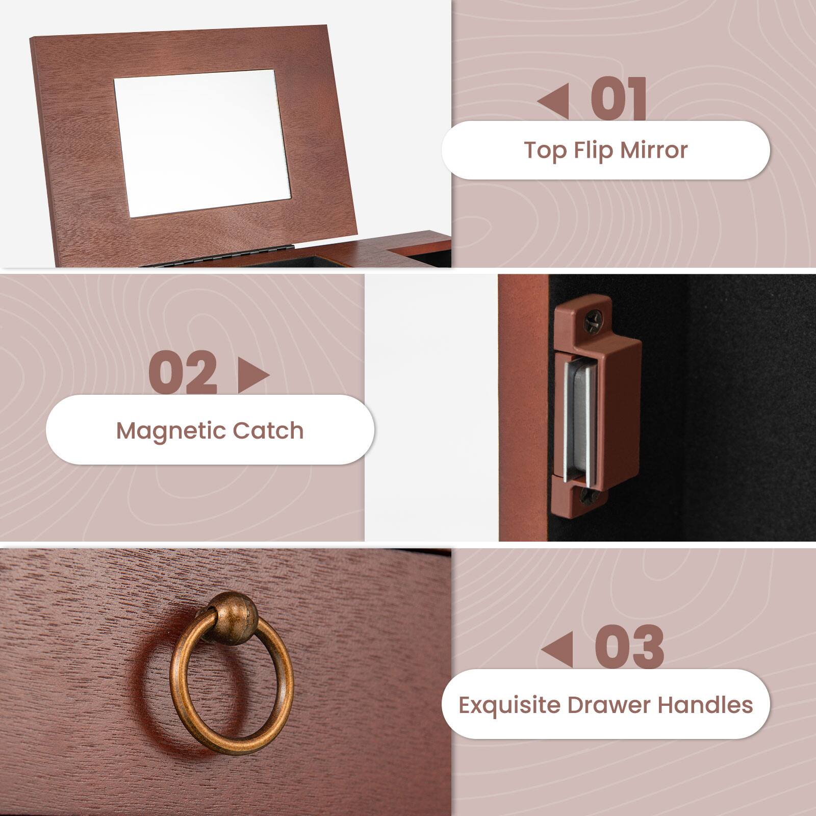 01 Top Flip Mirror 02 Magnetic Catch 03 Exquisite Drawer Handles