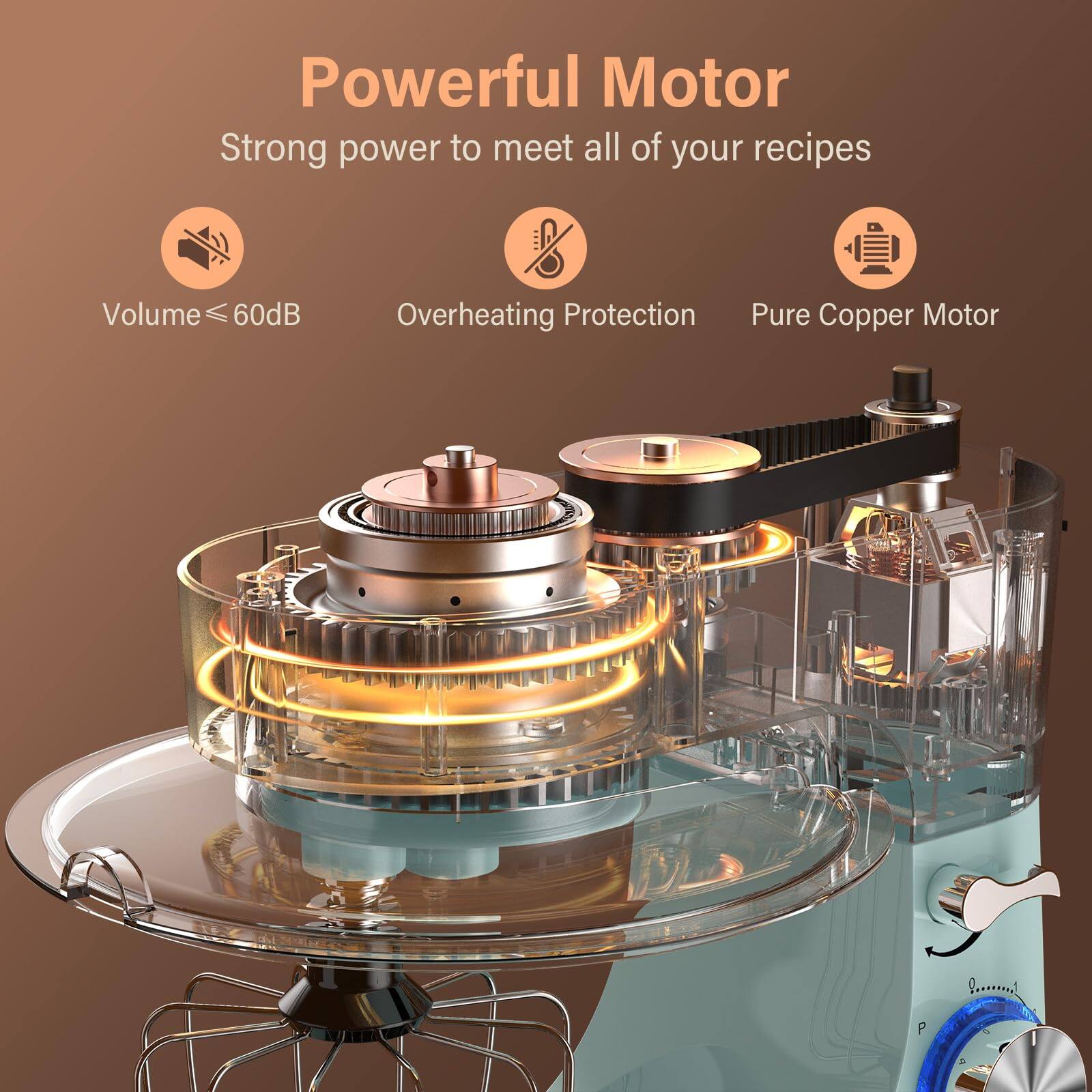 Powerful Motor  
Strong power to meet all of your recipes  

- Volume ≤ 60dB  
- Overheating Protection  
- Pure Copper Motor