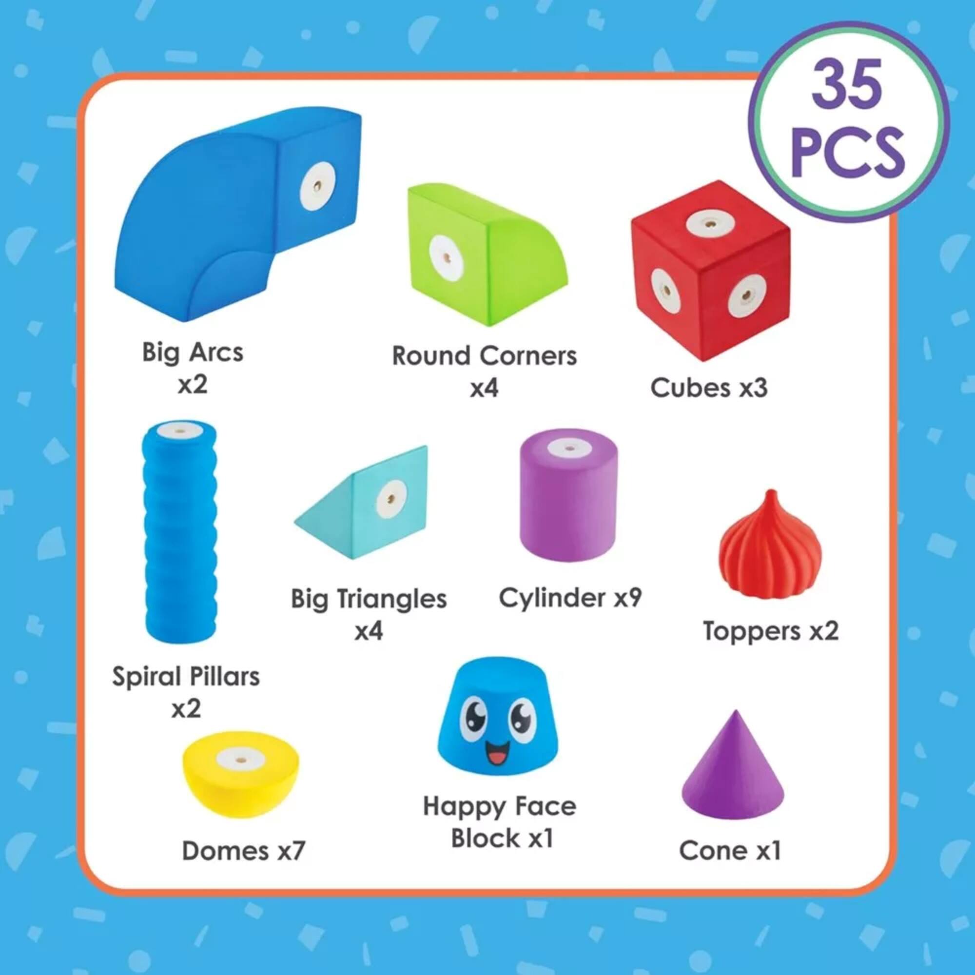 35 PCS
Big Arcs x2
Round Corners x4
Cubes x3
Big Triangles x4
Cylinder x9
Spiral Pillars x2
Toppers x2
Domes x7
Happy Face Block x1
Cone x1