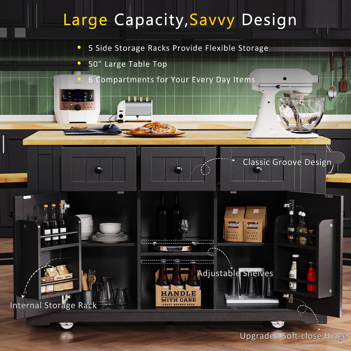 Large Capacity, Savvy Design

- 5 Side Storage Racks Provide Flexible Storage
- 50" Large Table Top
- 6 Compartments for Your Every Day Items
- Classic Groove Design
- Adjustable Shelves
- Internal Storage Rack
- Upgraded Soft-close Hinge