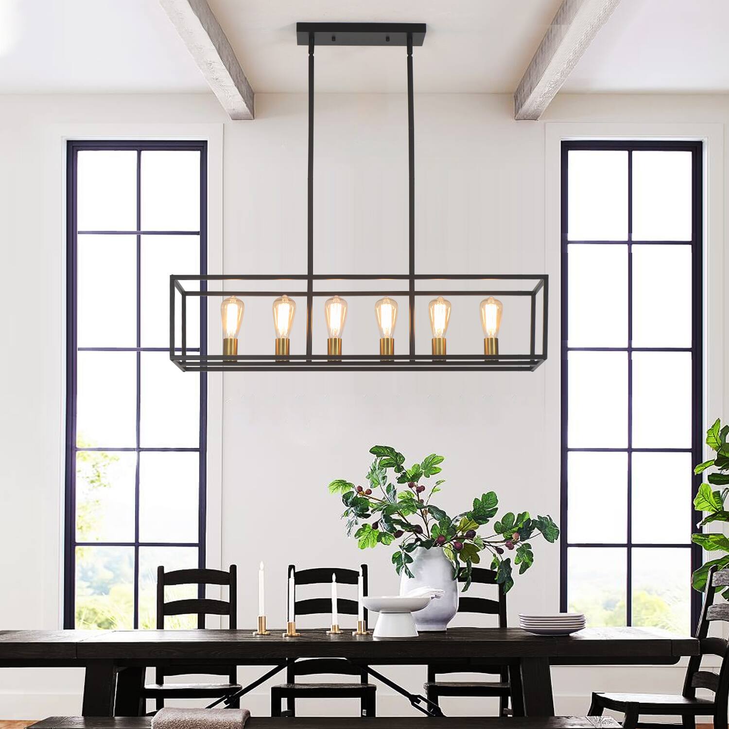 Back. Umeiluce - 6 Lights Island Chandelier  Farmhouse Vintage Style for Dinning Room, Kitchen, Showroom, Restaurant - Black and Brass.