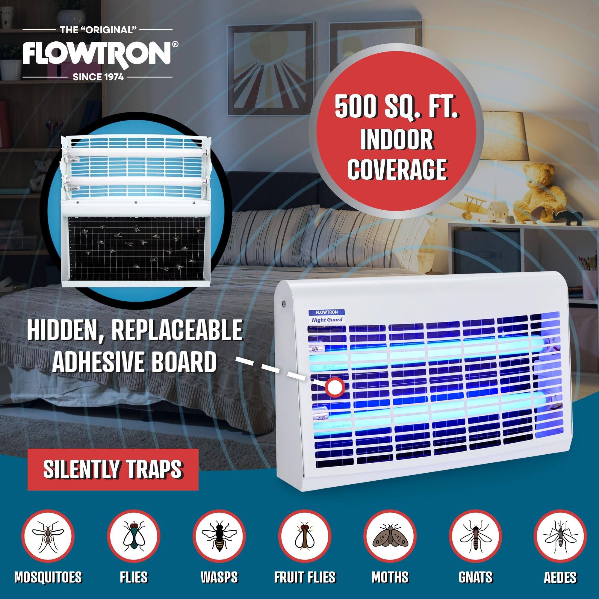 THE "ORIGINAL" FLOWTRON SINCE 1974

500 SQ. FT. INDOOR COVERAGE

HIDDEN, REPLACEABLE ADHESIVE BOARD

SILENTLY TRAPS

- MOSQUITOES
- FLIES
- WASPS
- FRUIT FLIES
- MOTHS
- GNATS
- AEDES
