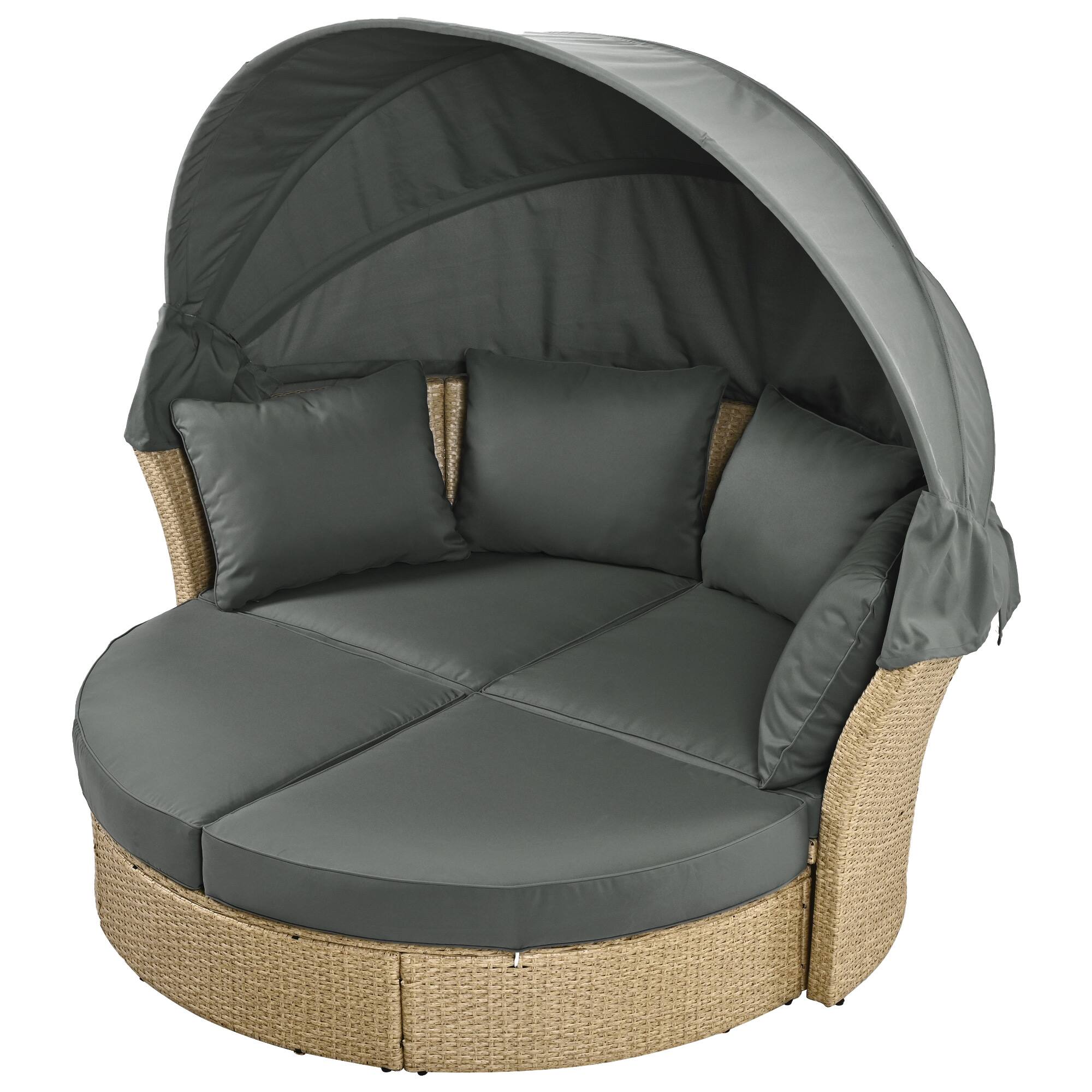 Alt View 7. Tiramisubest - Outdoor Wicker Rattan Double Daybed Round Sofa Furniture Set w/Retractable Canopy,4 Pillows for Patio,Garden,Pool,Grey - Grey.