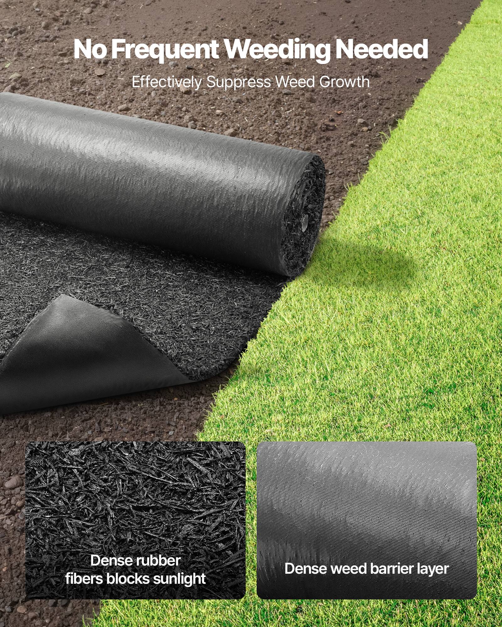 No Frequent Weeding Needed  
Effectively Suppress Weed Growth  

Dense rubber fibers block sunlight  
Dense weed barrier layer