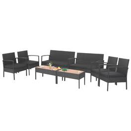 Costway - 8PCS Patio Rattan Furniture Set Cushioned Chair Wooden Tabletop - Black
