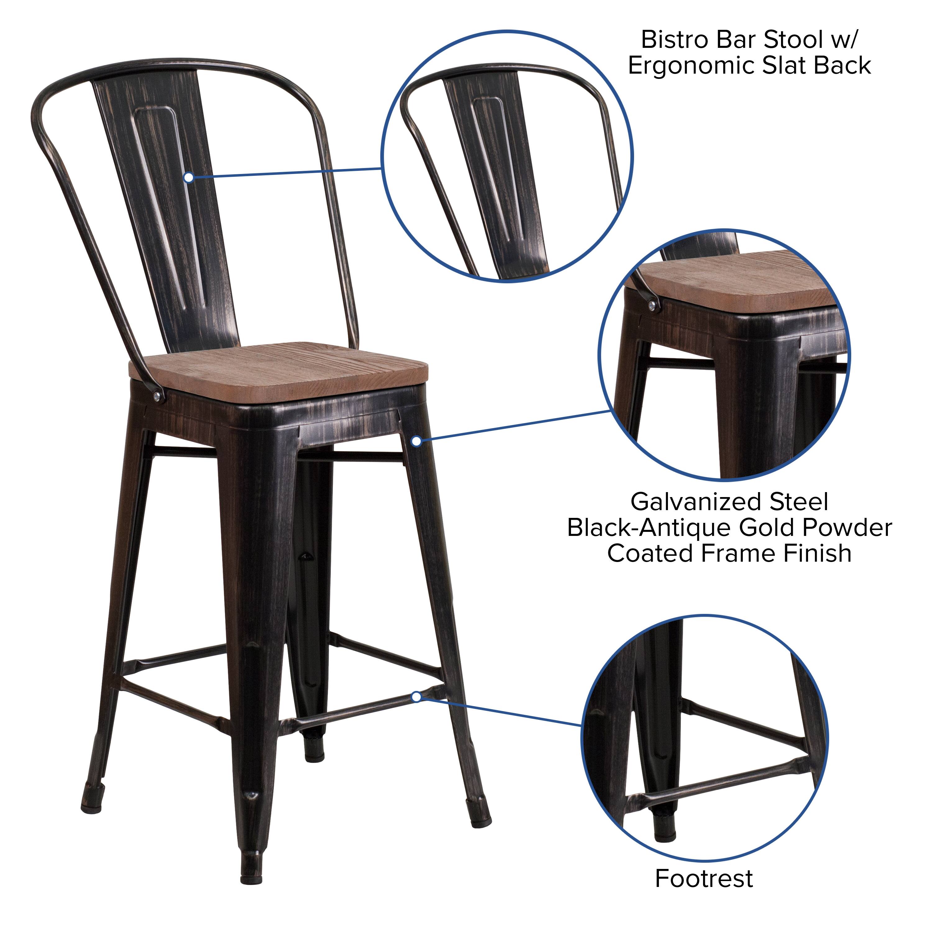 Bistro Bar Stool w/ Ergonomic Slat Back  
Galvanized Steel Black-Antique Gold Powder Coated Frame Finish  
Footrest