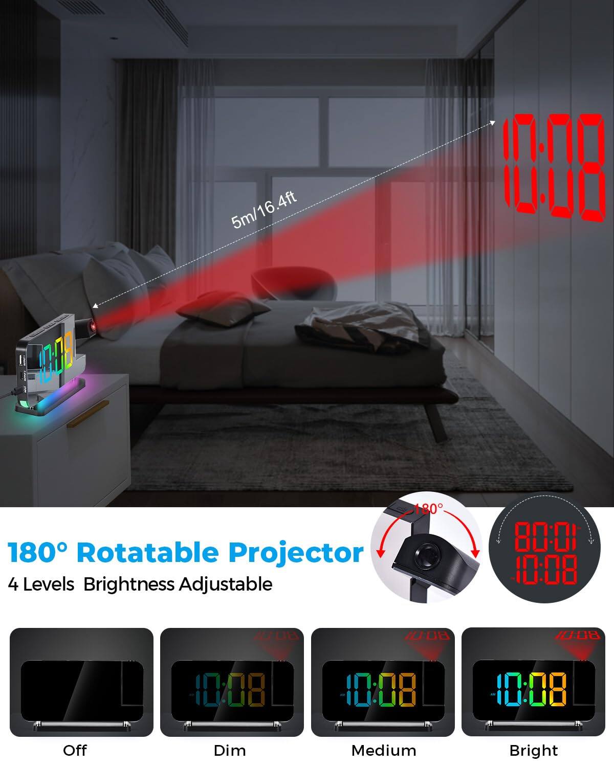 4ft 5m/16.4ft 10.00 tuI A 180 180 Rotatable Projector 4 Levels Brightness Adjustable 80:01 10:08 us 10:08 10.08 10:08 10:08 10:08 Off Dim Medium Bright