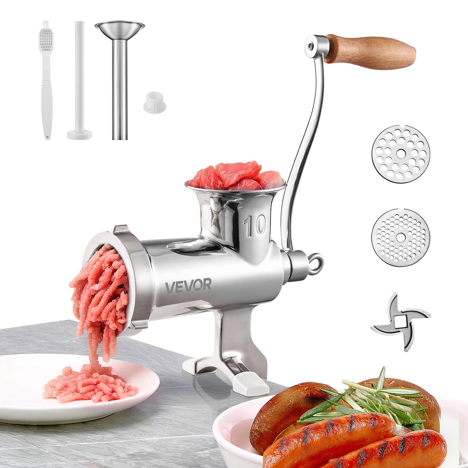 VEVOR - Manual Meat Grinder, 304 Stainless Steel Hand Meat Grinder with Steel Table Clamp, Meat Mincer Sausage Maker - Silver