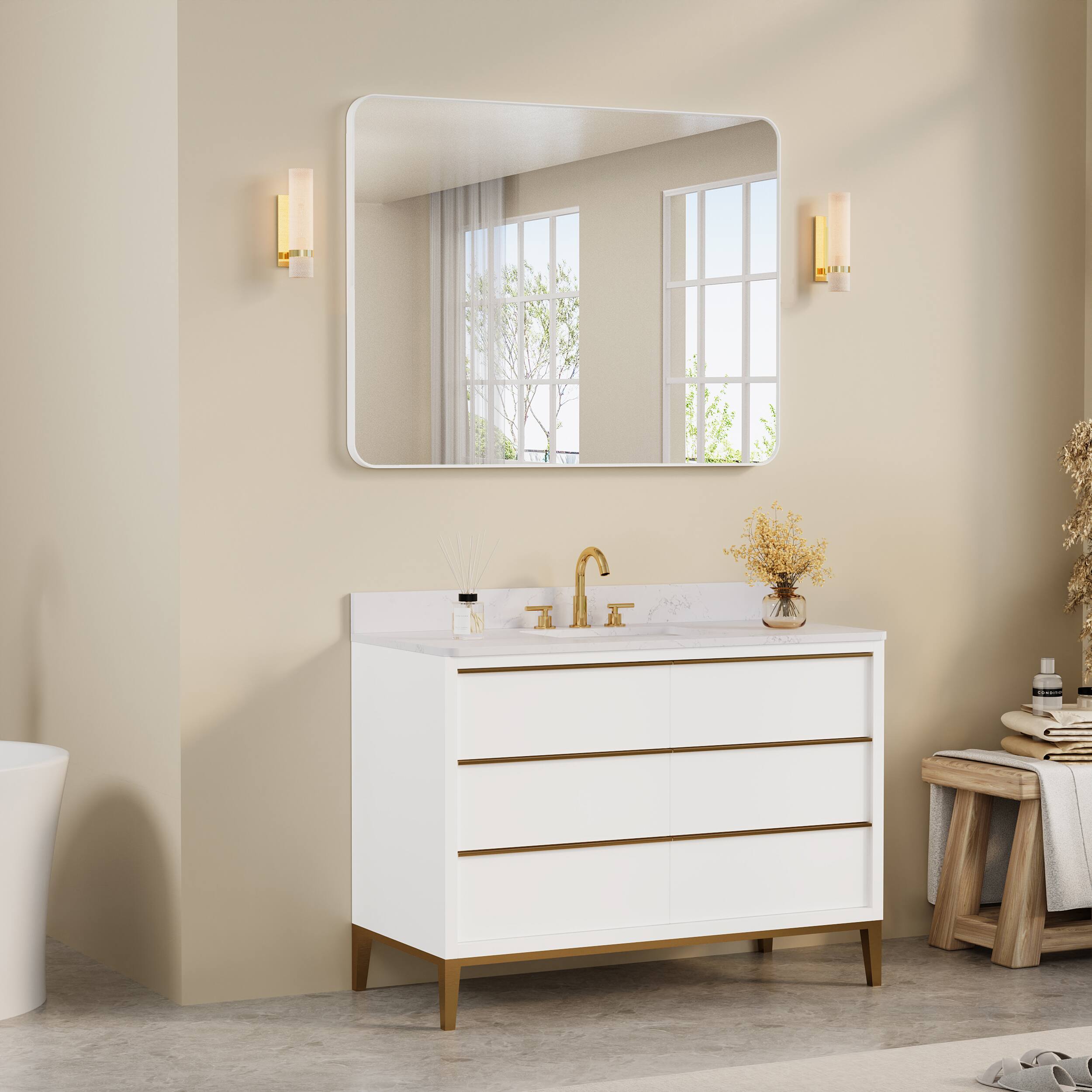 Alt View 2. WELLFOR - 48 in. W. x 36 in. H Rectangular Aluminum Framed Wall-Mounted Bathroom Vanity Mirror - White.