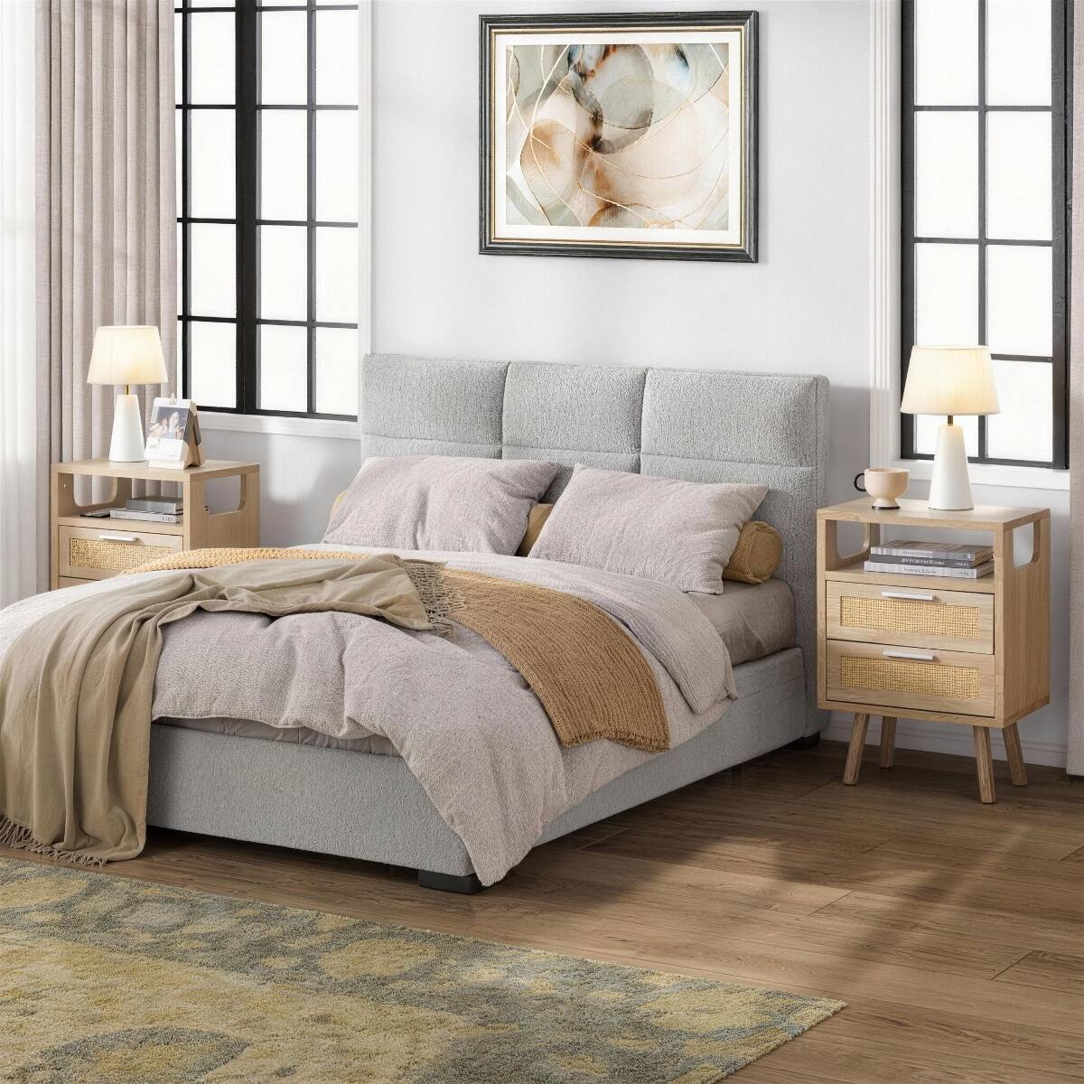 Alt View 4. Loheer - Loheer Set of 2 Nightstands With Drawers, Natural Wood Bedside Tables With Rattan Detail, Bedroom Storage - Natural Wood.