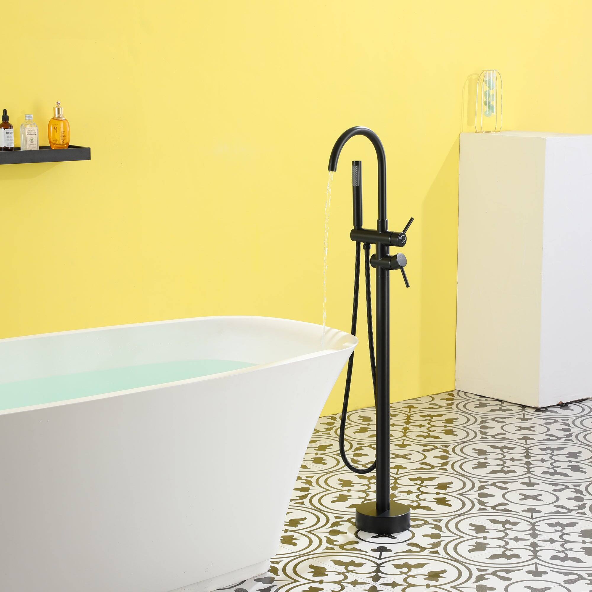 Alt View 4. Boyel Living - Freestanding Floor Mount 2-Handle Bath Tub Filler Faucet with Handheld Shower in Matte Black - Matte Black.